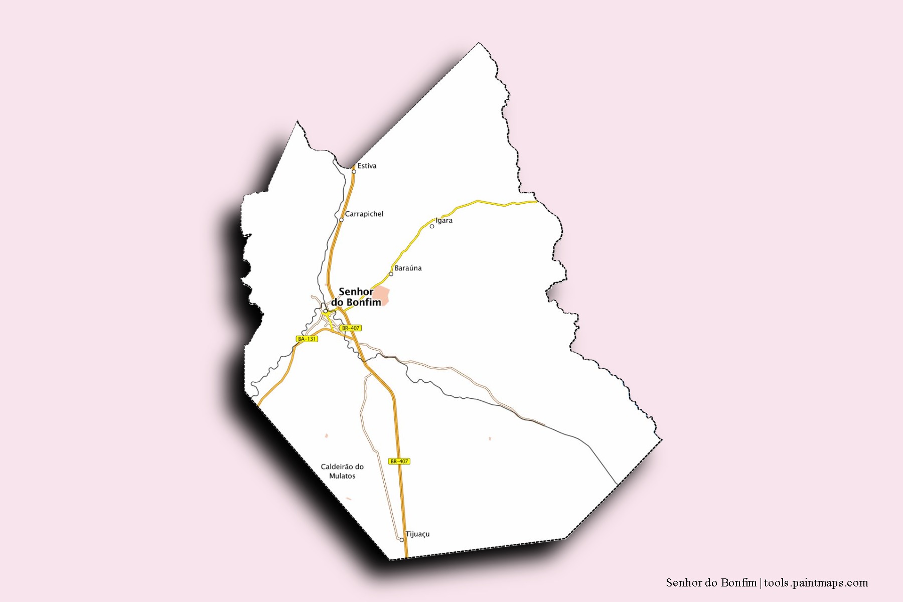 Mapa de barrios y pueblos de Senhor do Bonfim con efecto de sombra 3D