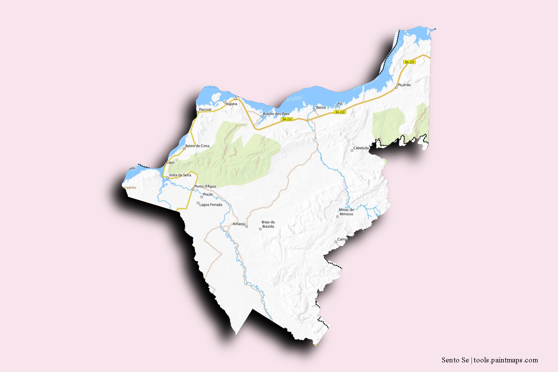 Mapa de barrios y pueblos de Sento Se con efecto de sombra 3D