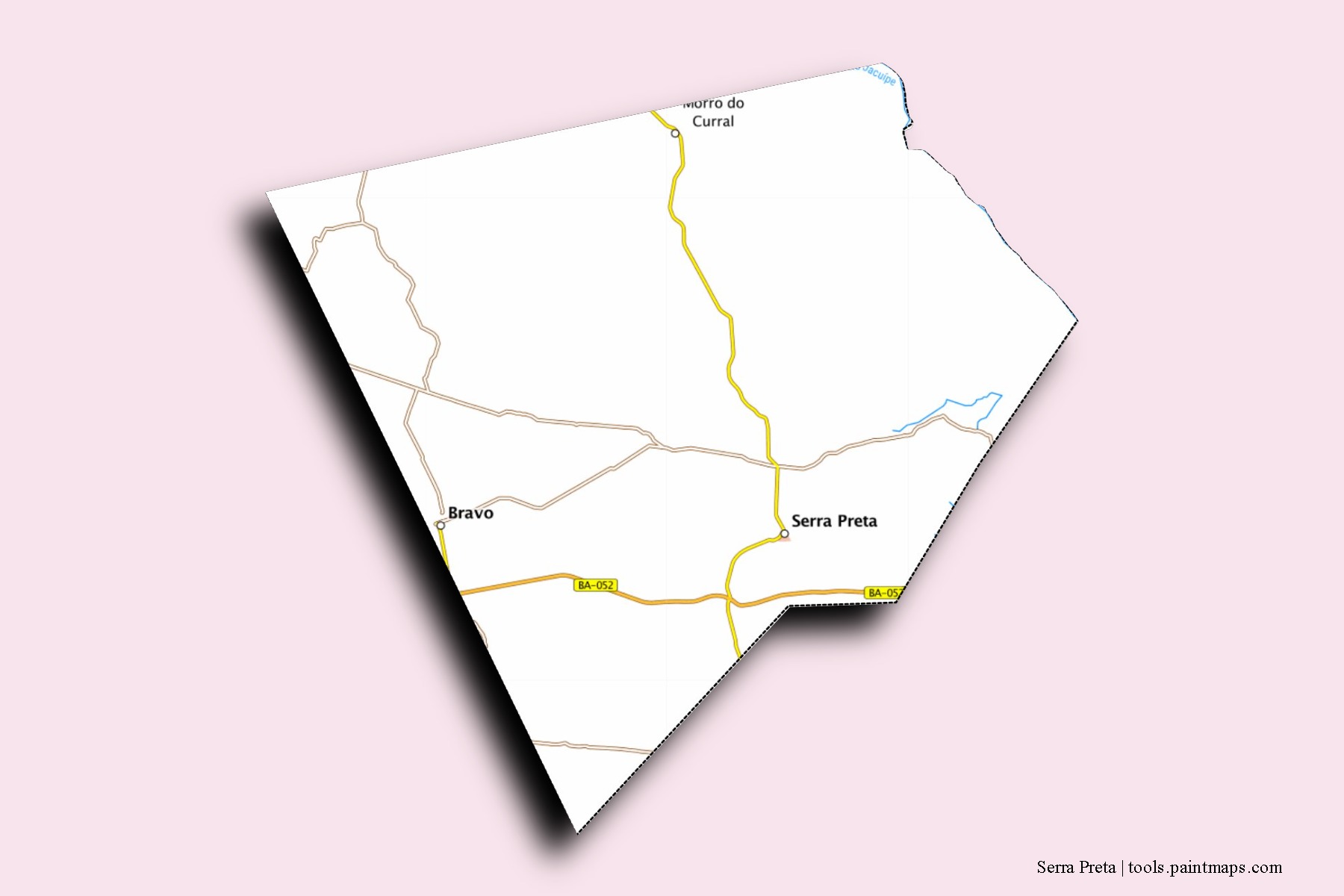 Mapa de barrios y pueblos de Serra Preta con efecto de sombra 3D