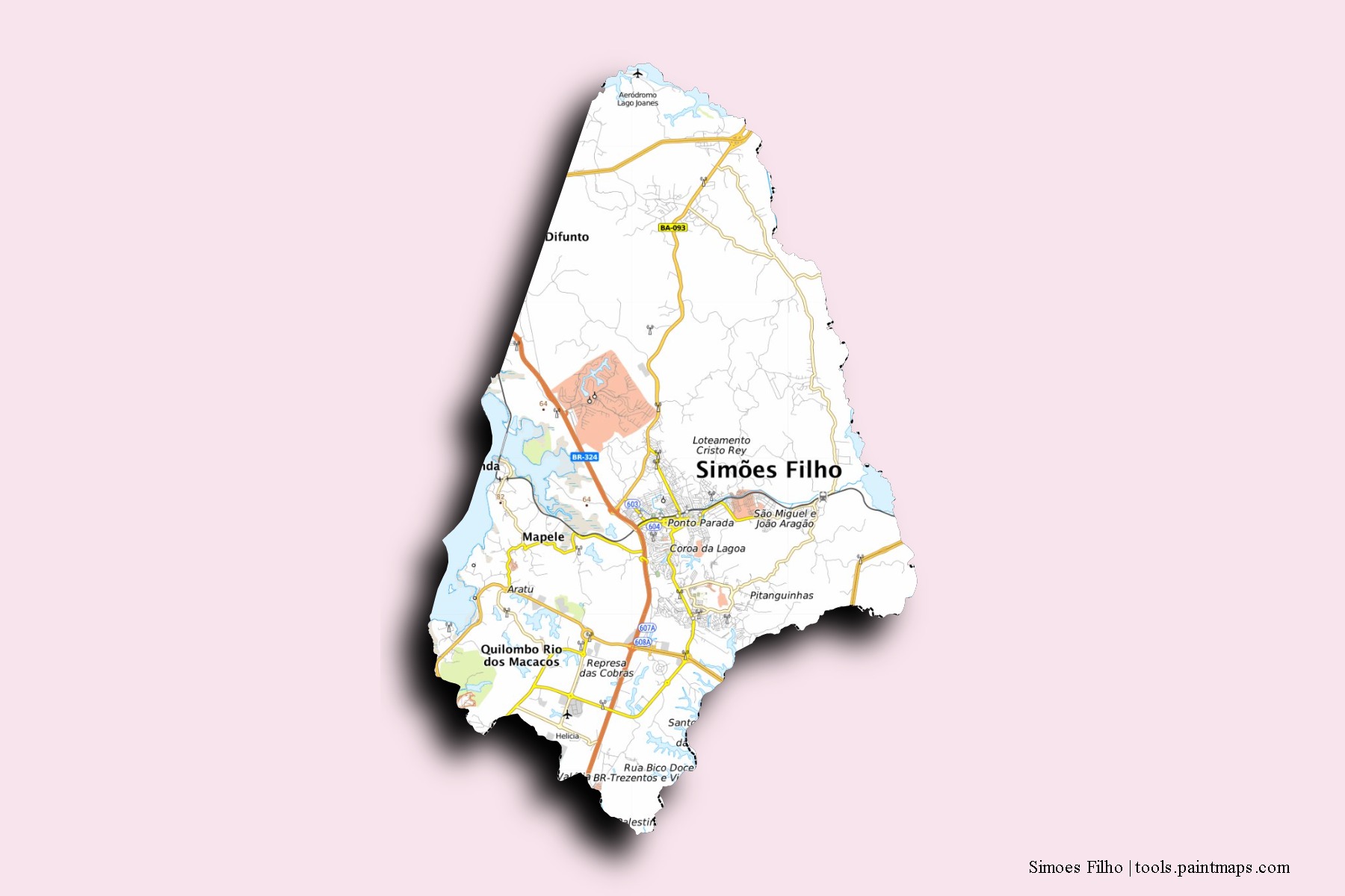 Mapa de barrios y pueblos de Simoes Filho con efecto de sombra 3D