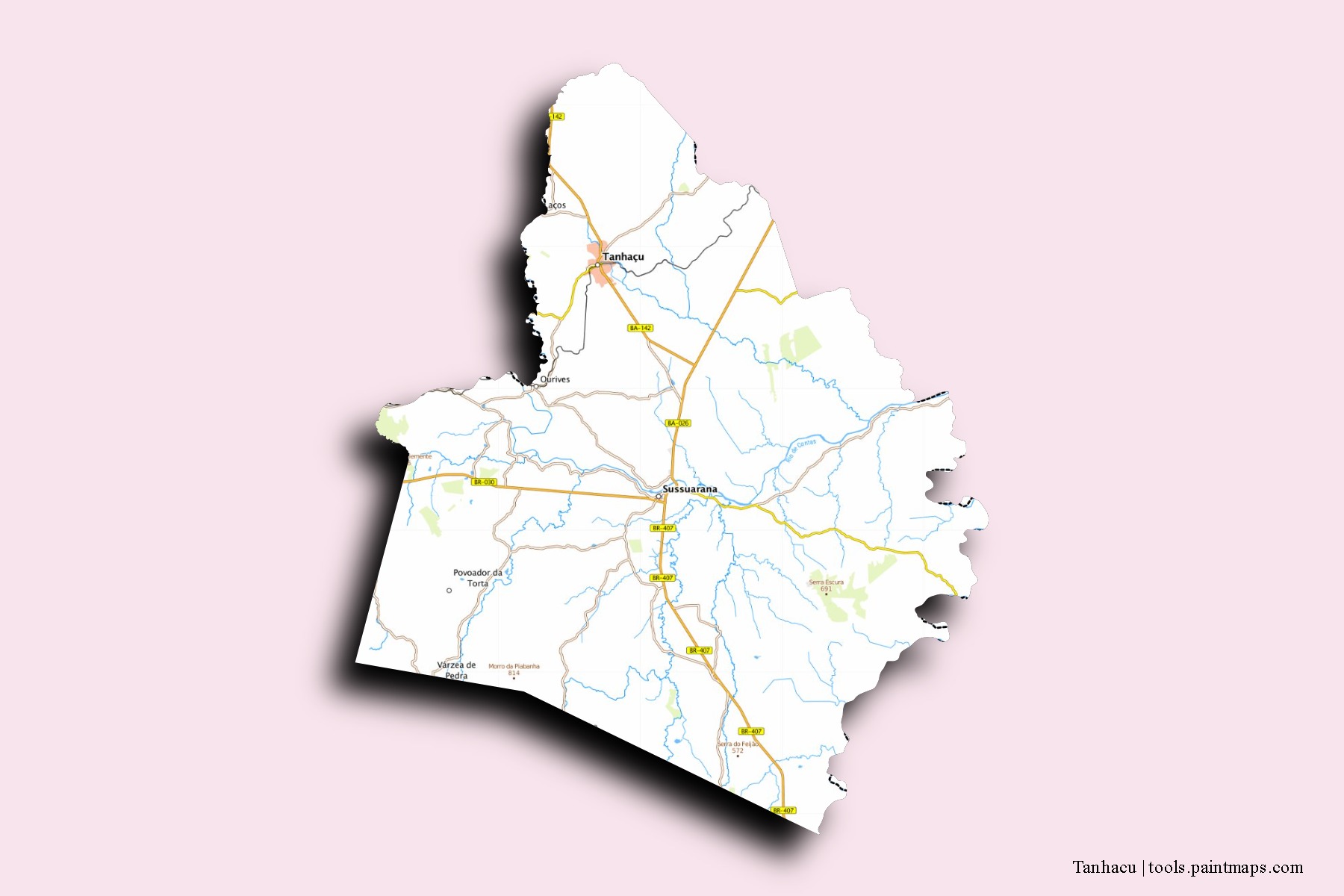 Tanhacu neighborhoods and villages map with 3D shadow effect