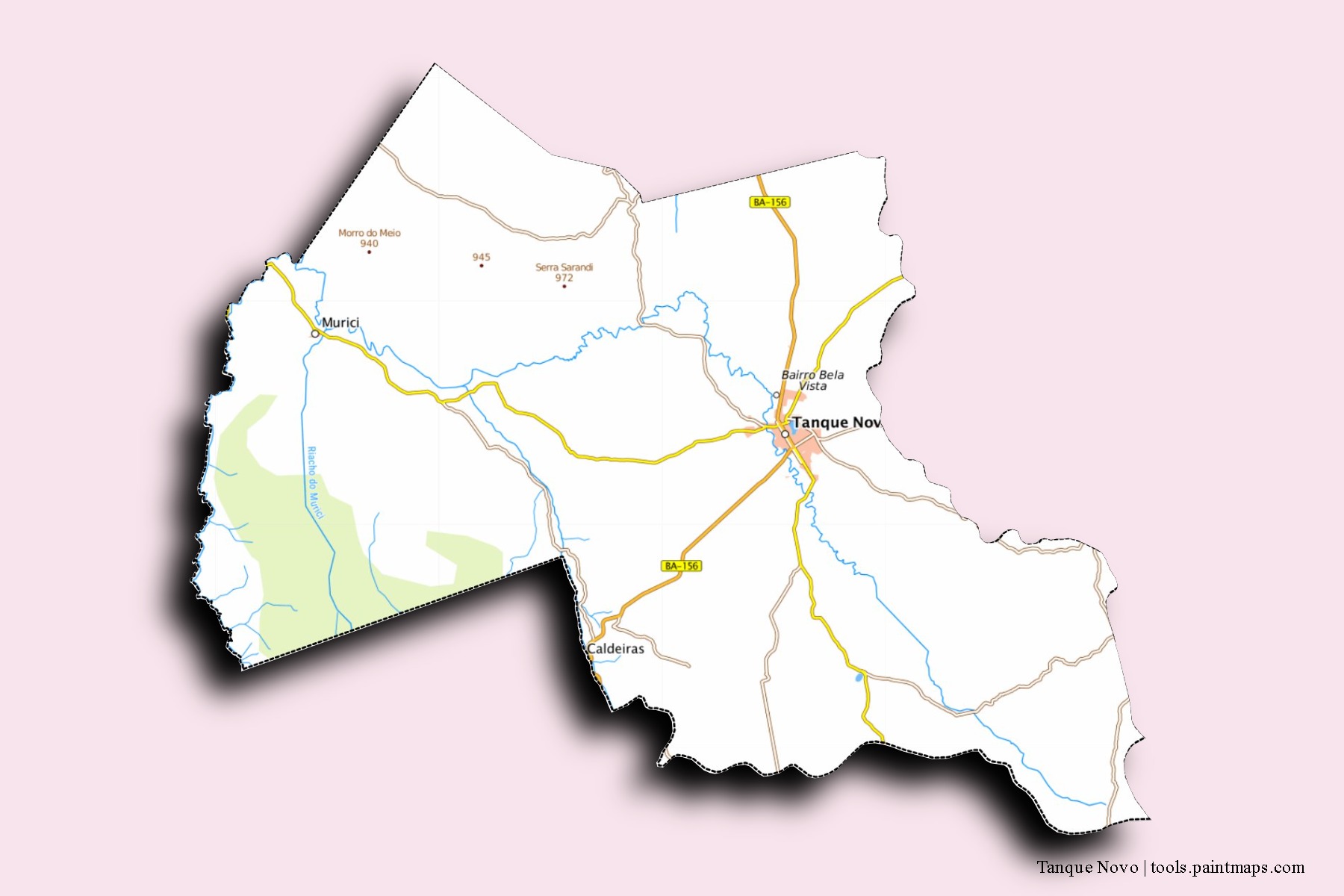 Mapa de barrios y pueblos de Tanque Novo con efecto de sombra 3D