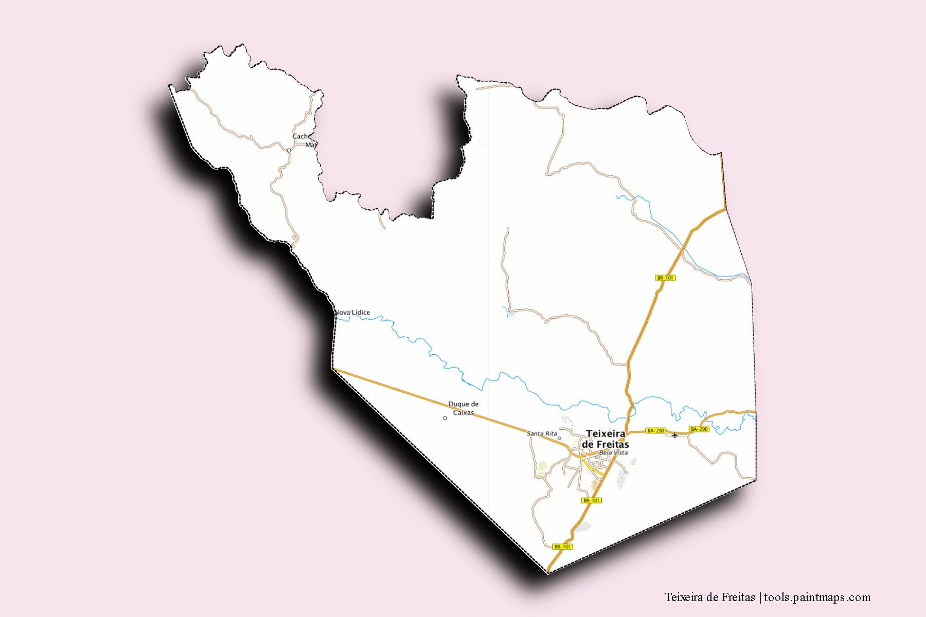 Mapa de barrios y pueblos de Teixeira de Freitas con efecto de sombra 3D