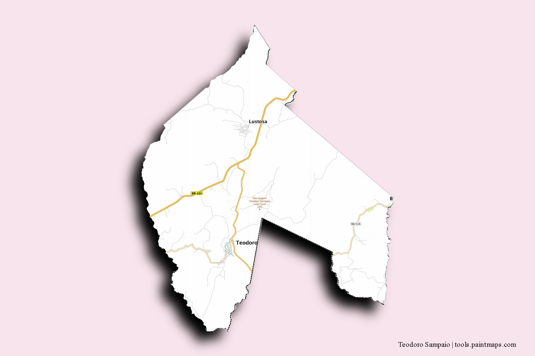 Mapa de barrios y pueblos de Teodoro Sampaio con efecto de sombra 3D