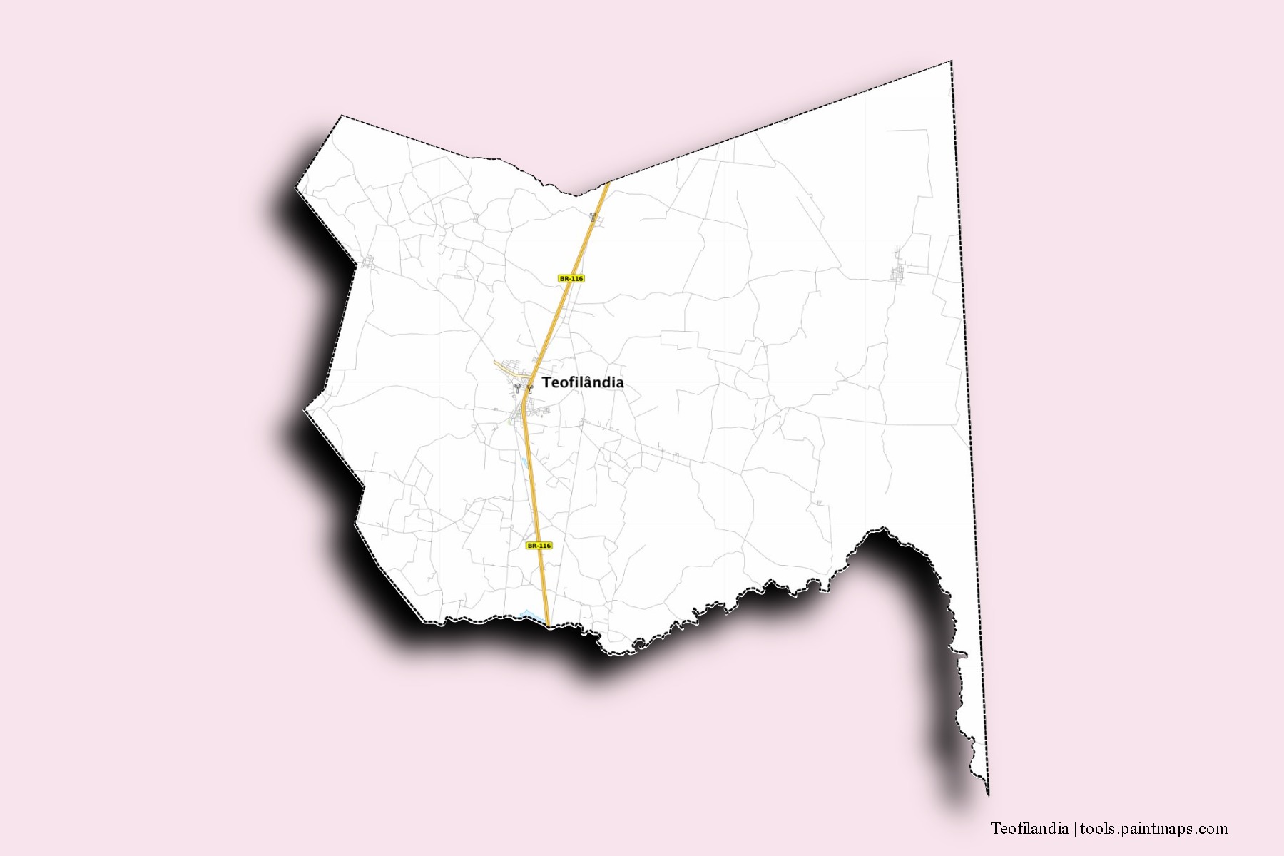 Mapa de barrios y pueblos de Teofilandia con efecto de sombra 3D