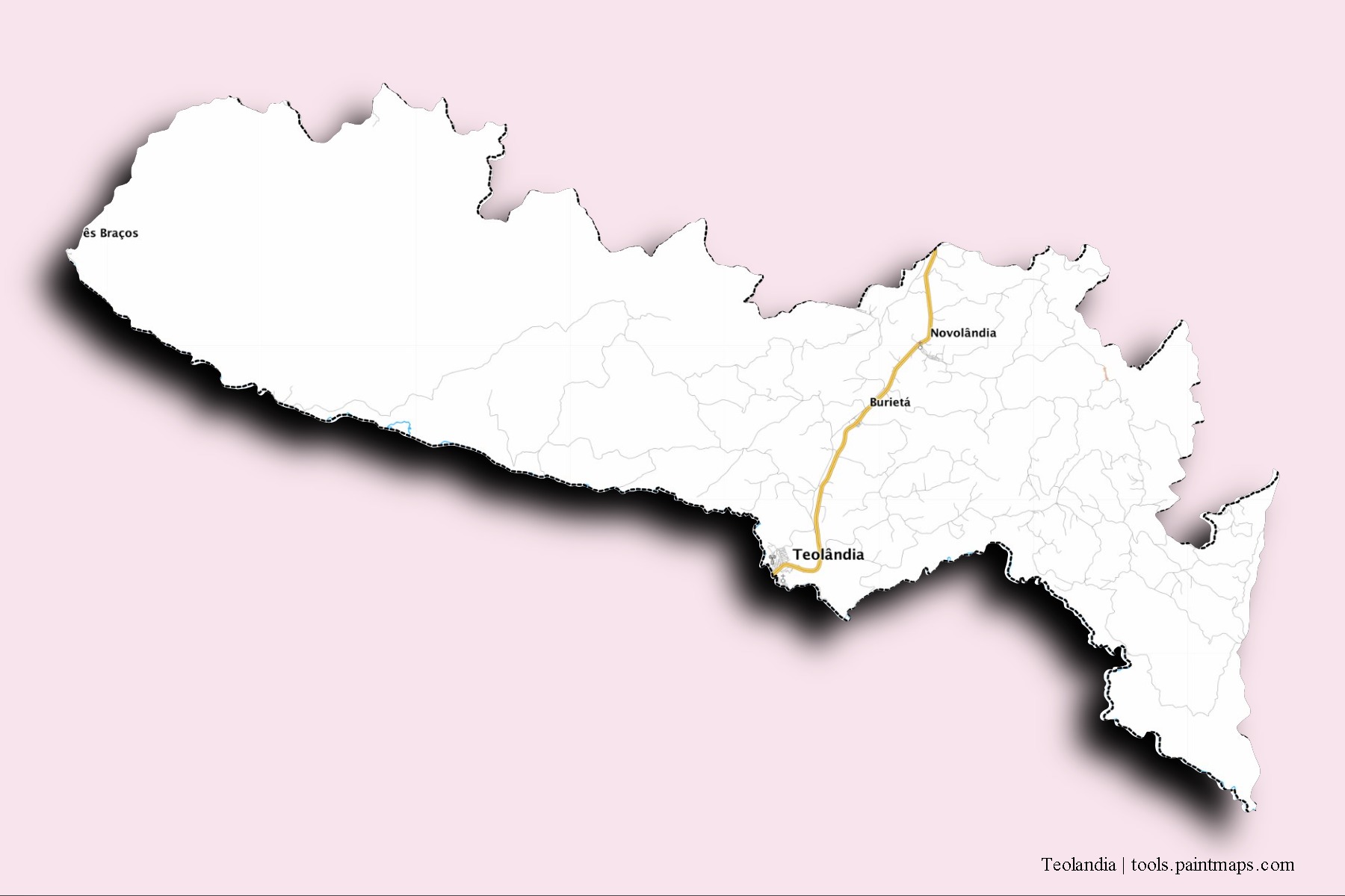 Mapa de barrios y pueblos de Teolandia con efecto de sombra 3D