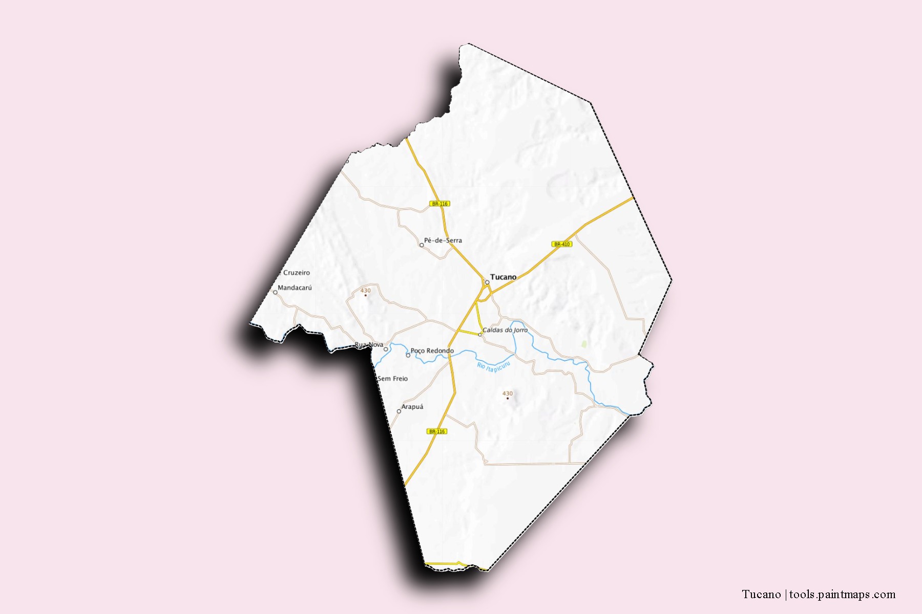 Mapa de barrios y pueblos de Tucano con efecto de sombra 3D