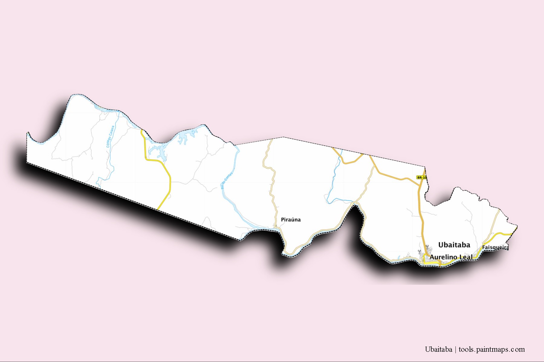 Mapa de barrios y pueblos de Ubaitaba con efecto de sombra 3D