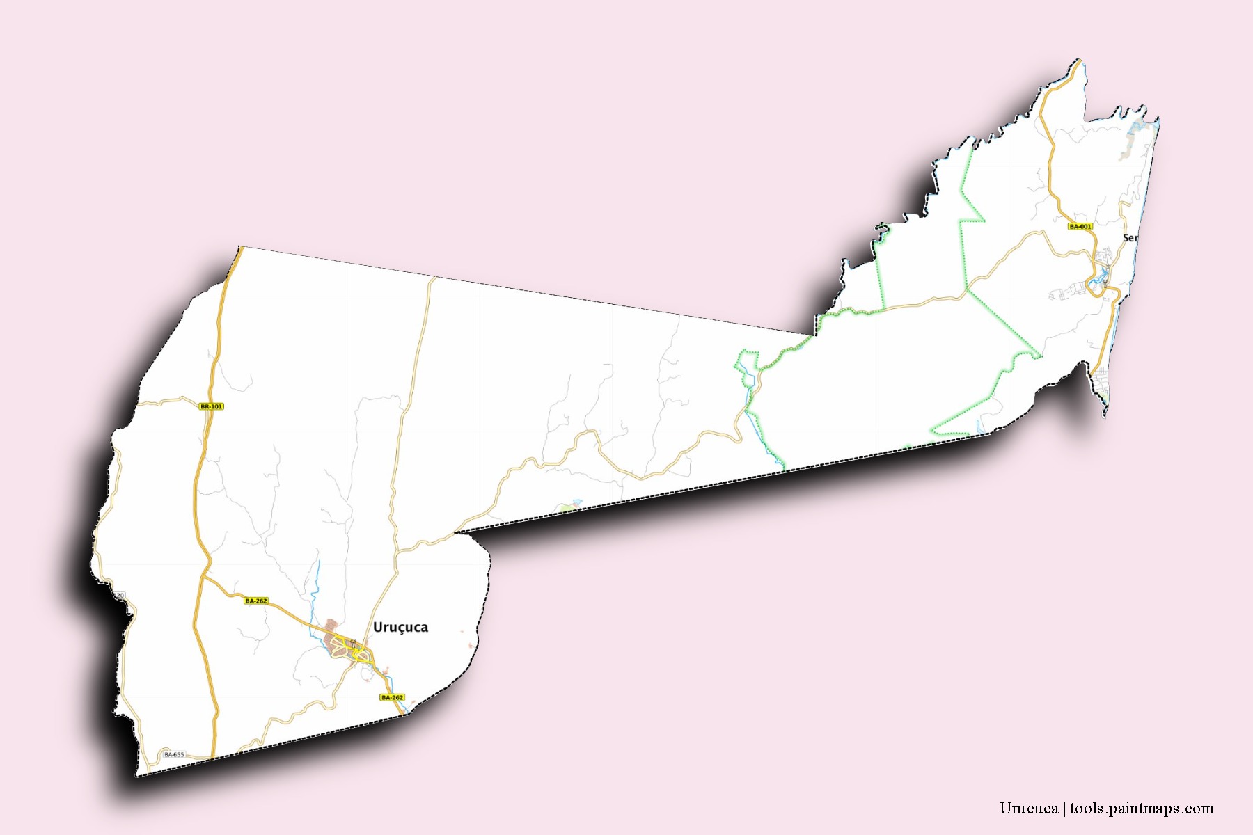 Mapa de barrios y pueblos de Urucuca con efecto de sombra 3D