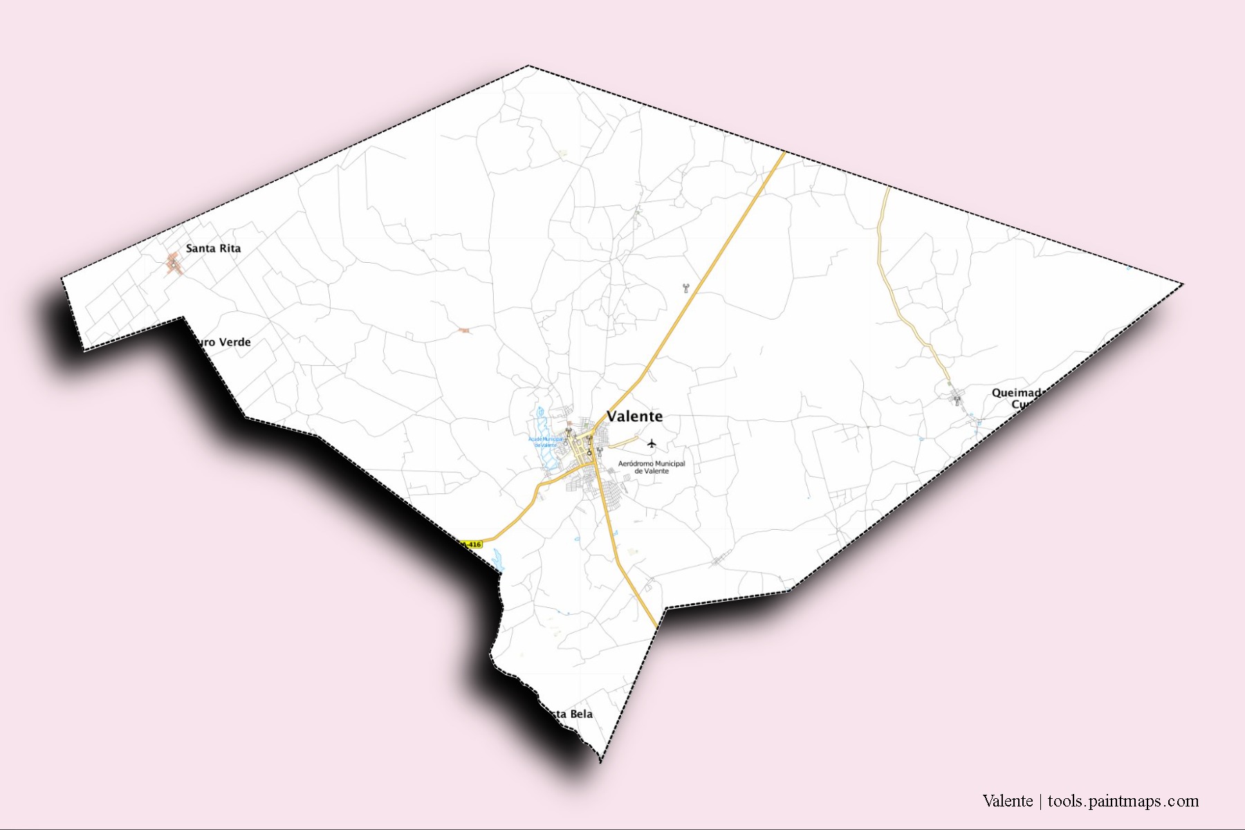 Mapa de barrios y pueblos de Valente con efecto de sombra 3D