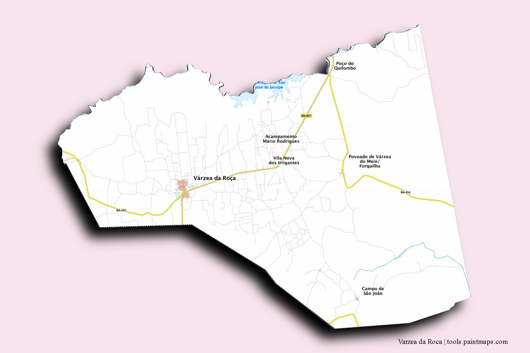 Mapa de barrios y pueblos de Varzea da Roca con efecto de sombra 3D