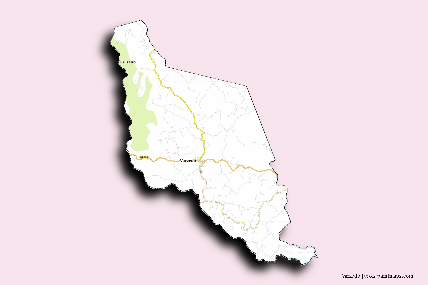 Mapa de barrios y pueblos de Varzedo con efecto de sombra 3D