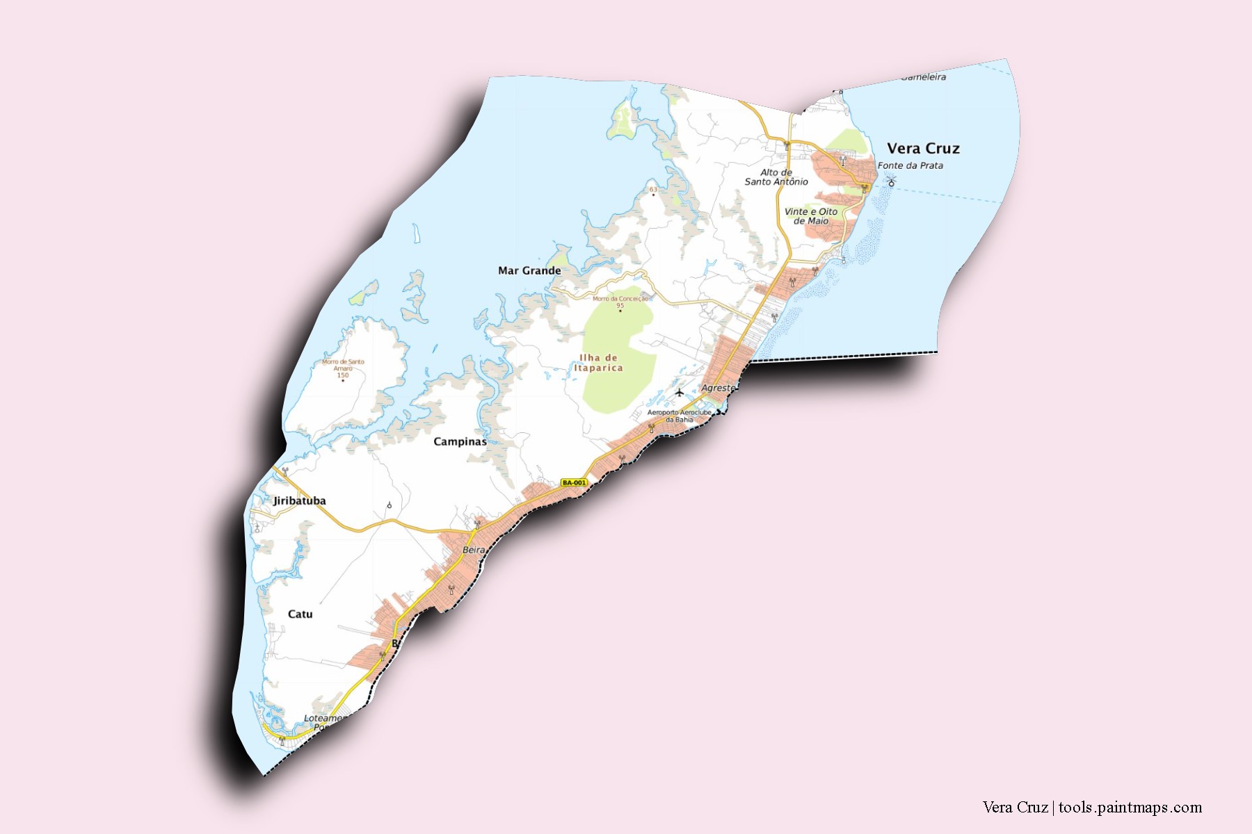 Mapa de barrios y pueblos de Vera Cruz con efecto de sombra 3D