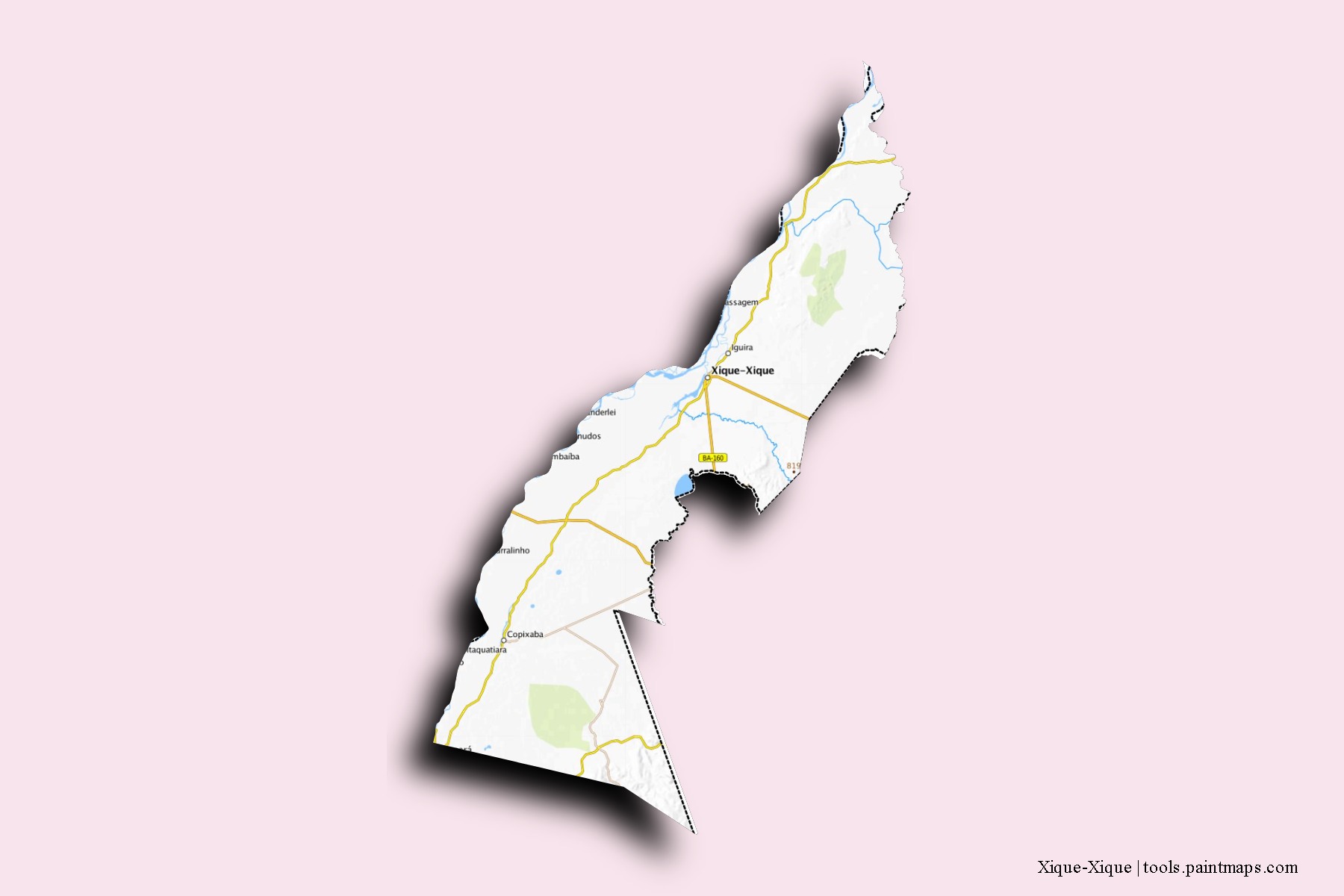 Mapa de barrios y pueblos de Xique-Xique con efecto de sombra 3D