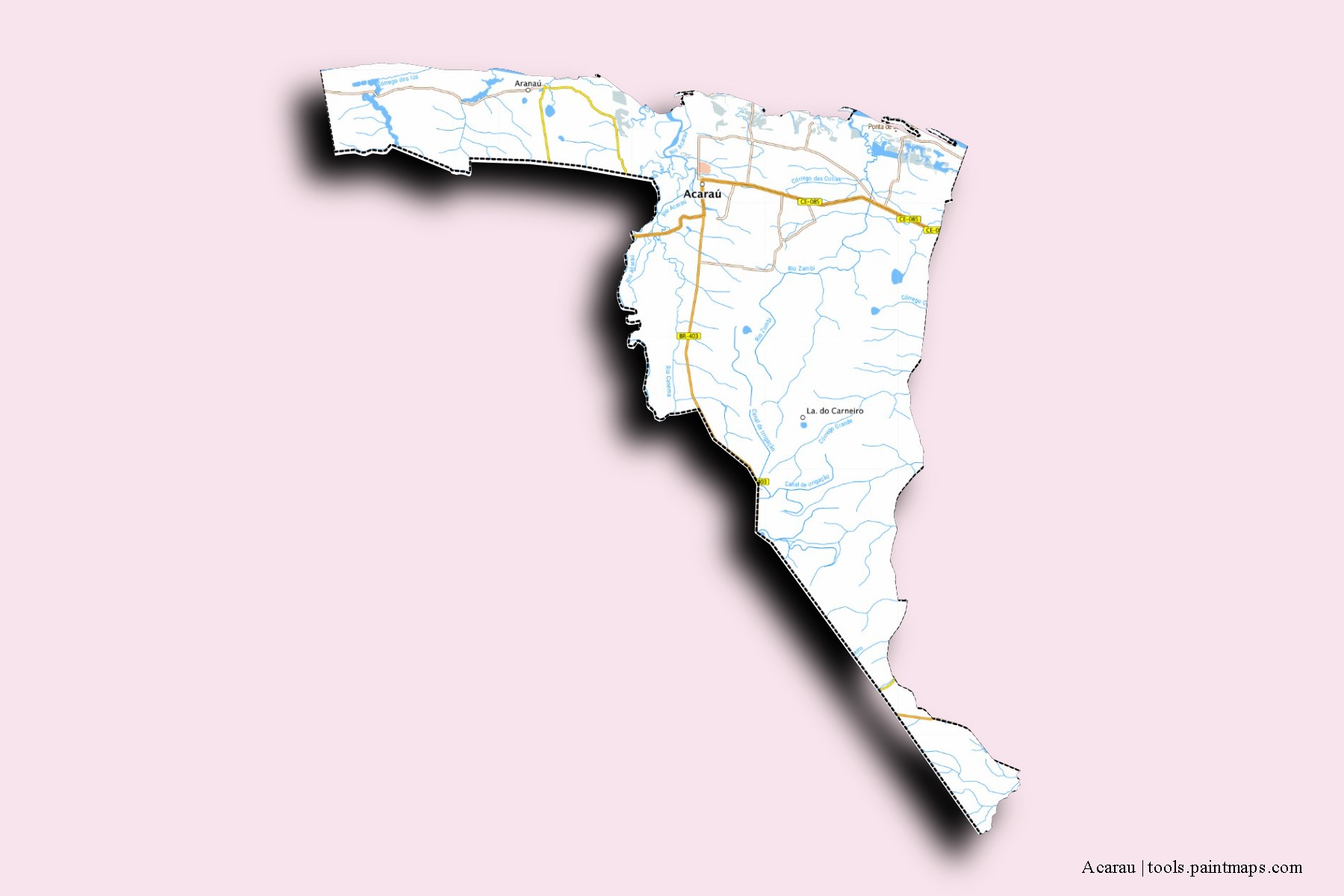 Mapa de barrios y pueblos de Acarau con efecto de sombra 3D