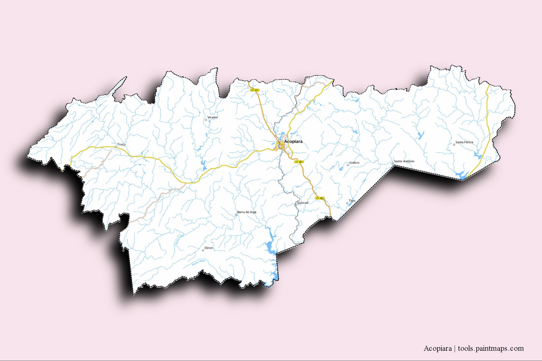 Mapa de barrios y pueblos de Acopiara con efecto de sombra 3D