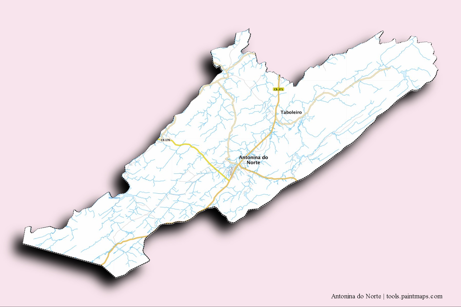 Mapa de barrios y pueblos de Antonina do Norte con efecto de sombra 3D