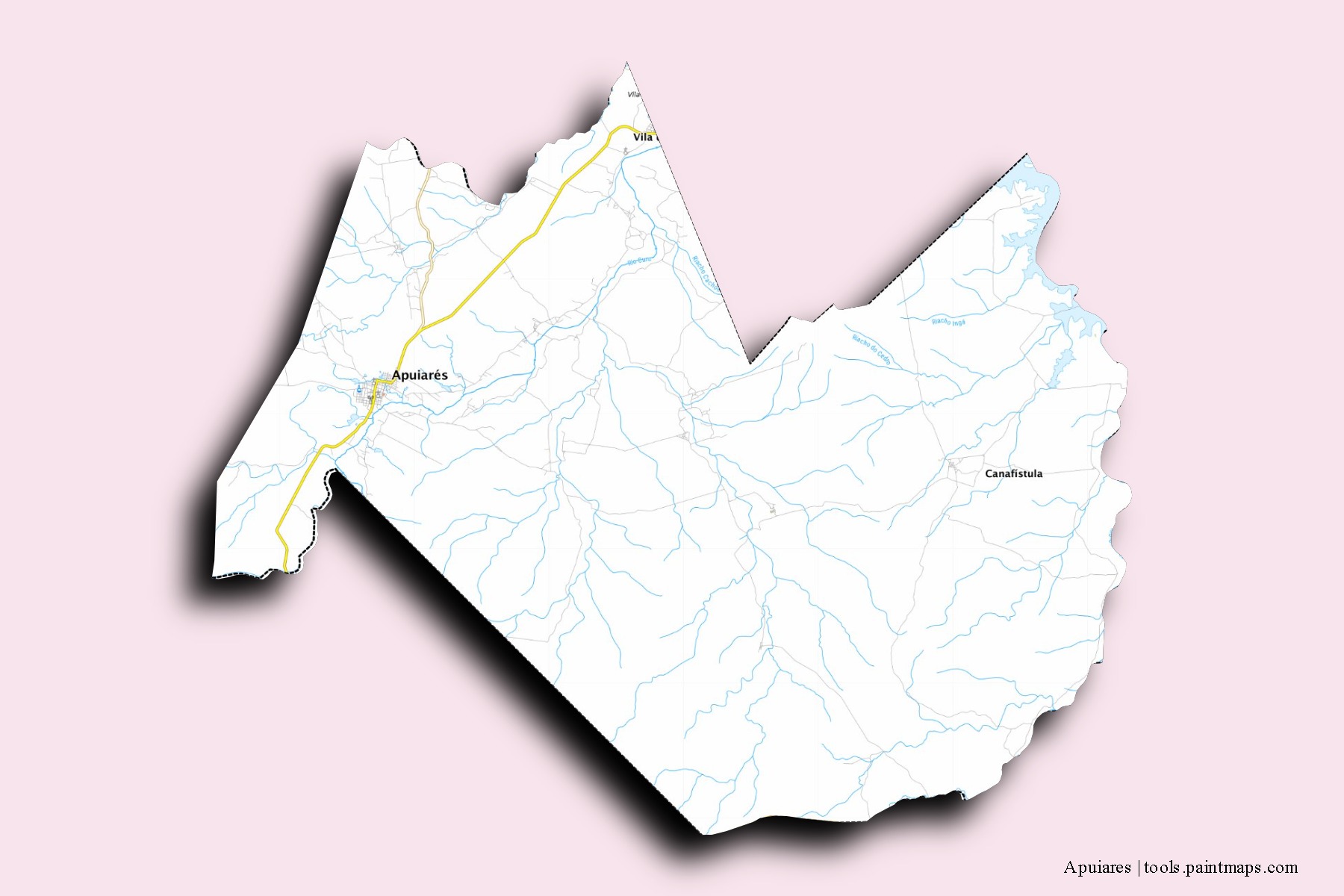 Mapa de barrios y pueblos de Apuiares con efecto de sombra 3D