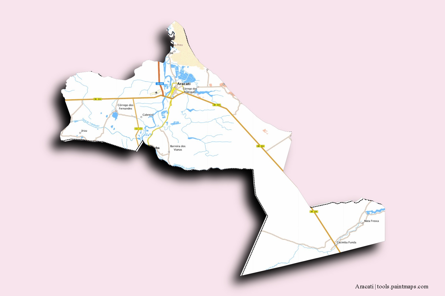 Mapa de barrios y pueblos de Aracati con efecto de sombra 3D