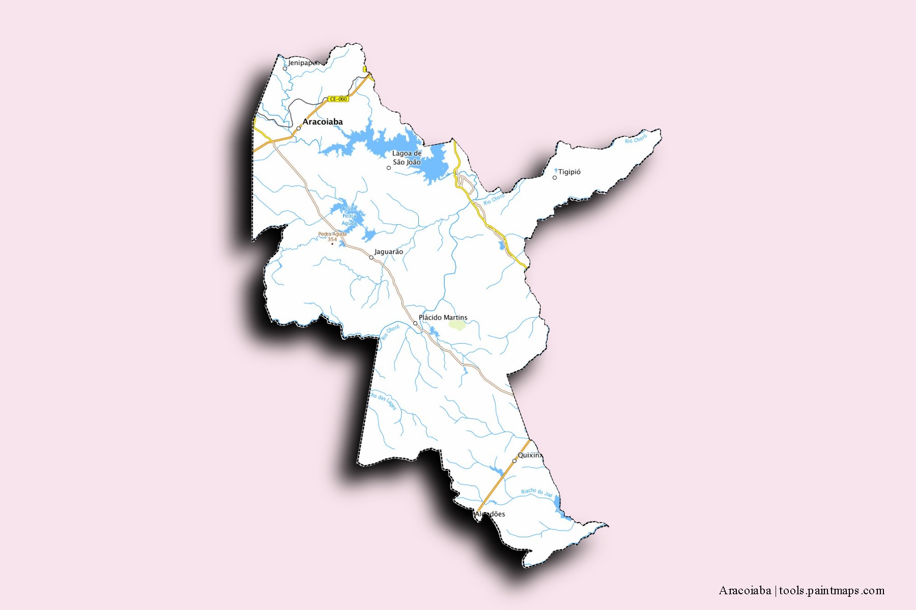 Mapa de barrios y pueblos de Aracoiaba con efecto de sombra 3D