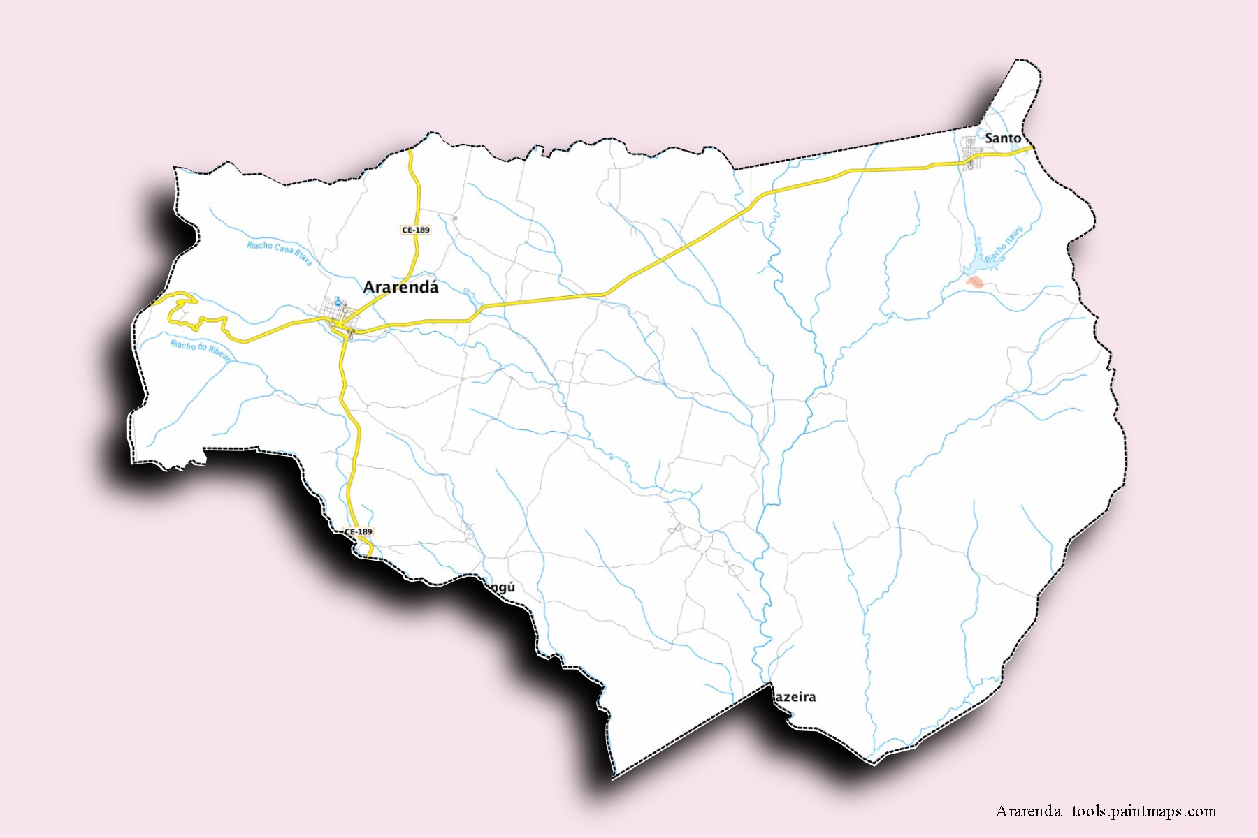 Mapa de barrios y pueblos de Ararenda con efecto de sombra 3D