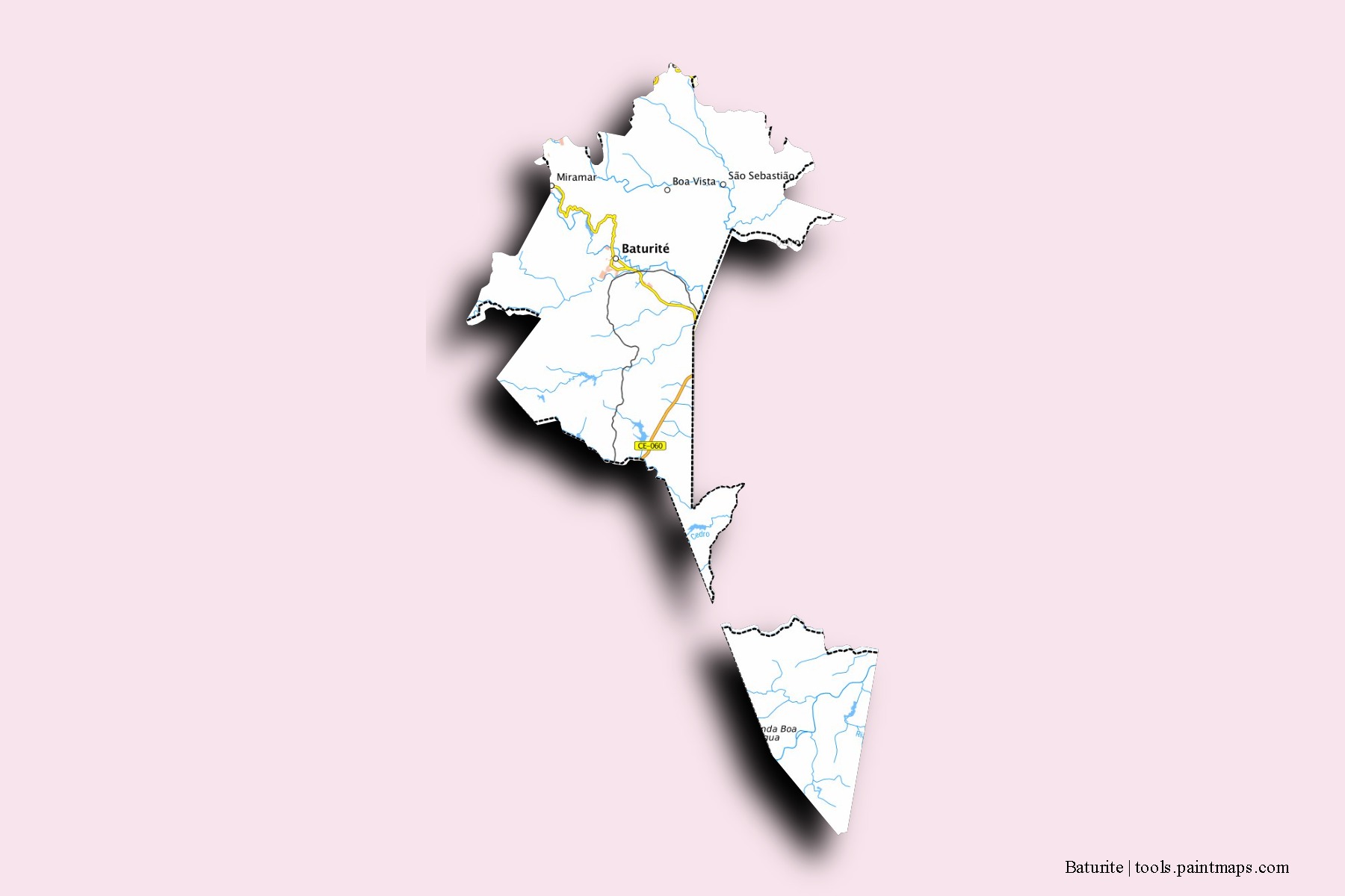 Mapa de barrios y pueblos de Baturite con efecto de sombra 3D