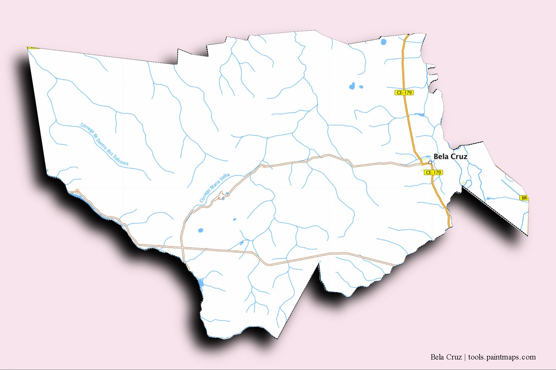 Mapa de barrios y pueblos de Bela Cruz con efecto de sombra 3D