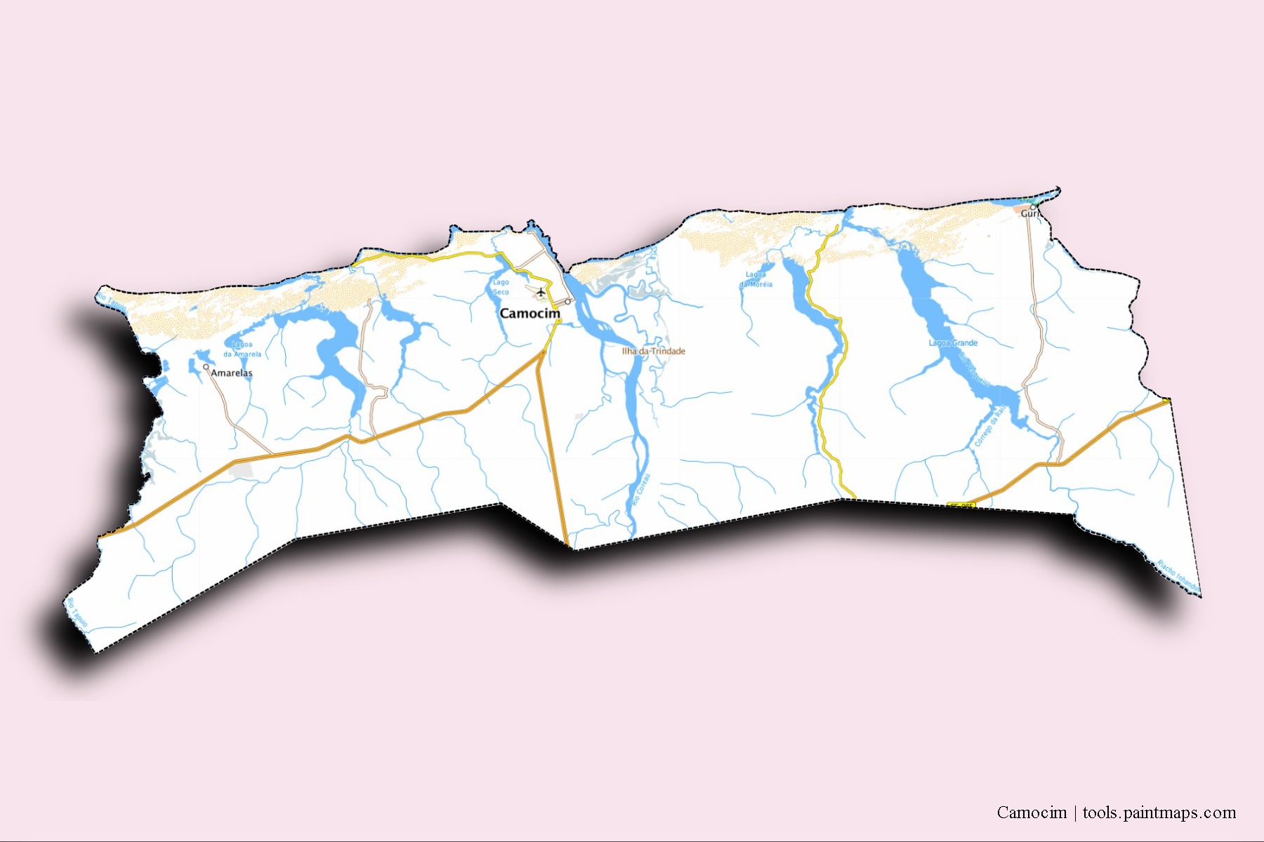 Camocim neighborhoods and villages map with 3D shadow effect