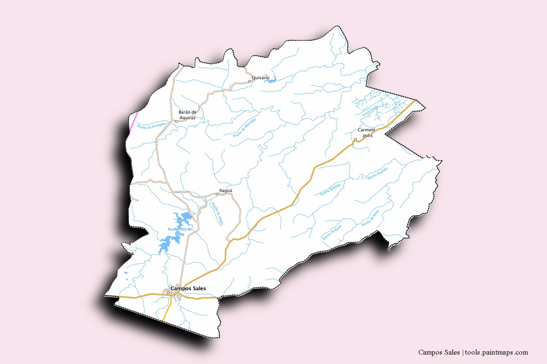 Mapa de barrios y pueblos de Campos Sales con efecto de sombra 3D