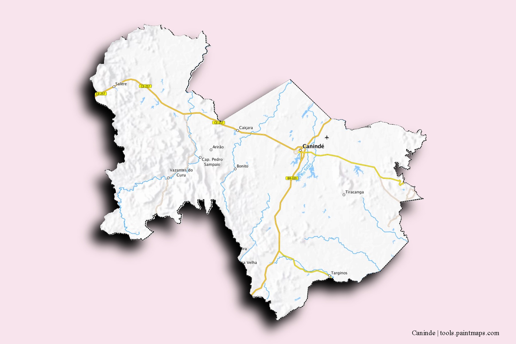 Mapa de barrios y pueblos de Caninde con efecto de sombra 3D