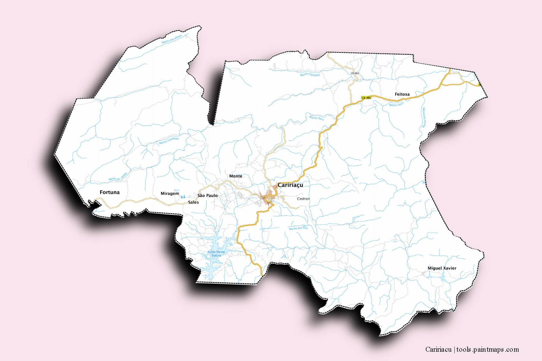 Mapa de barrios y pueblos de Caririacu con efecto de sombra 3D