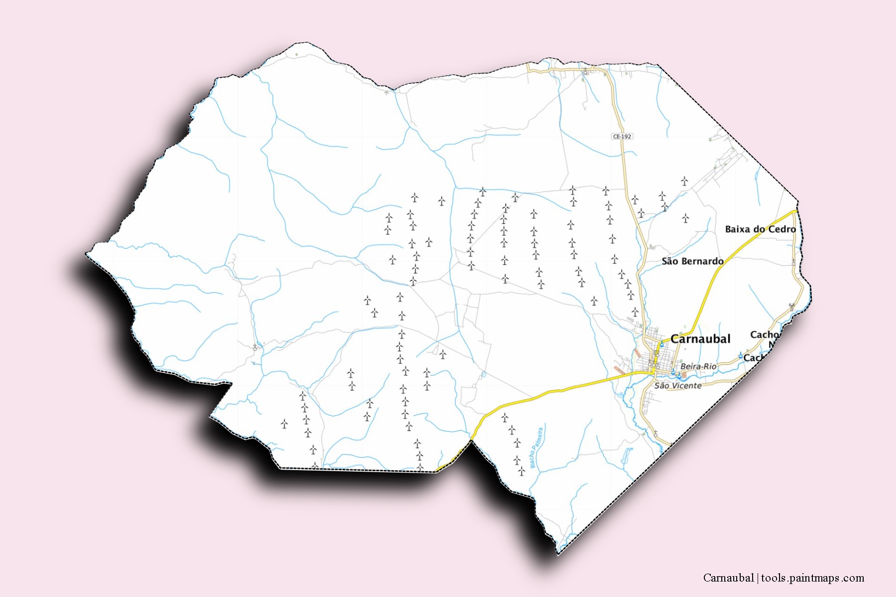 Mapa de barrios y pueblos de Carnaubal con efecto de sombra 3D