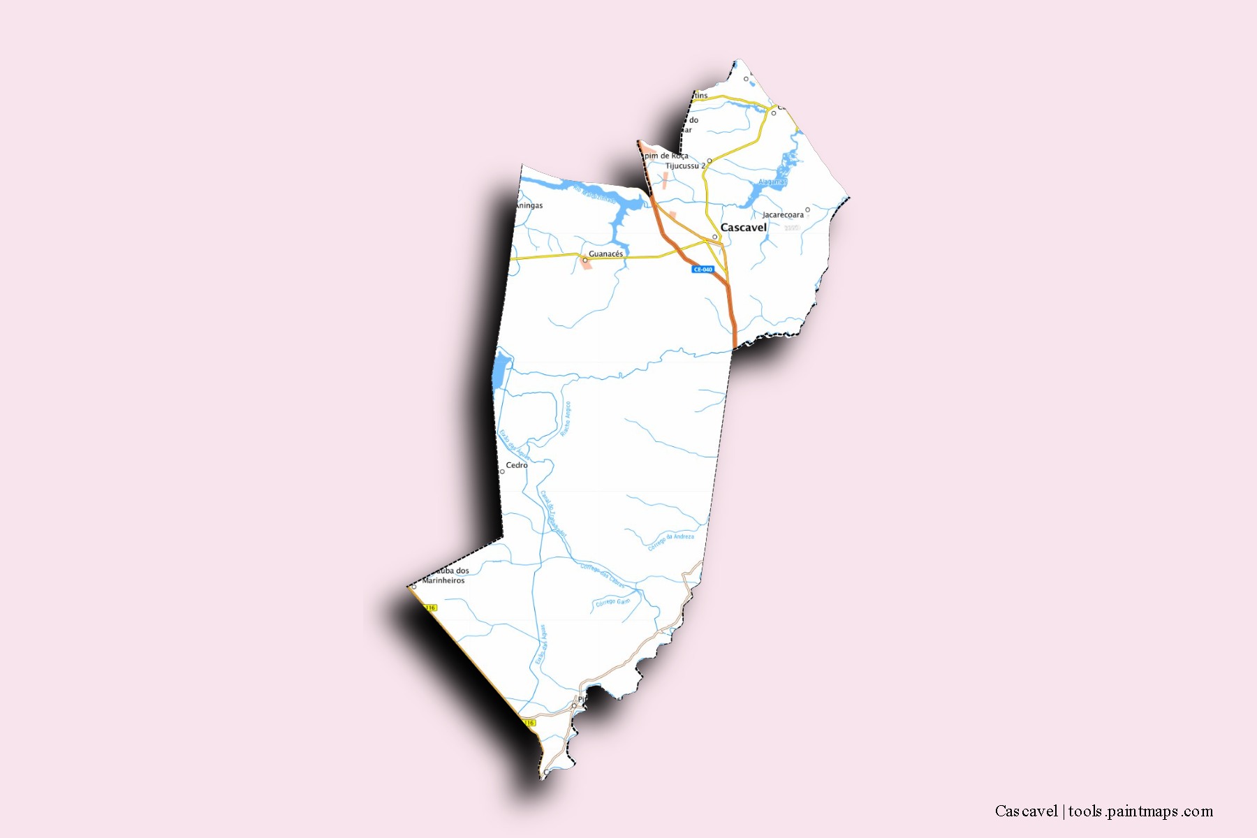 Mapa de barrios y pueblos de Cascavel con efecto de sombra 3D