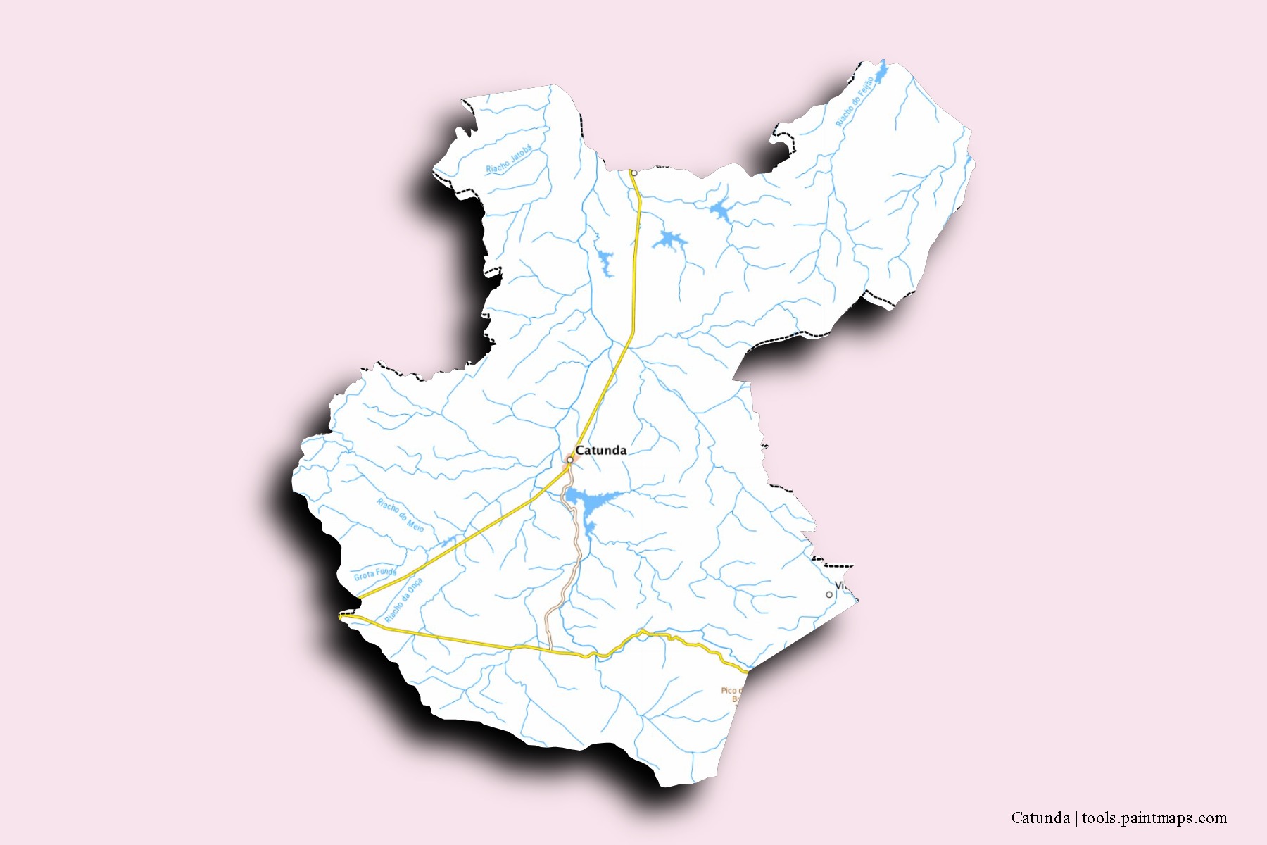 Mapa de barrios y pueblos de Catunda con efecto de sombra 3D