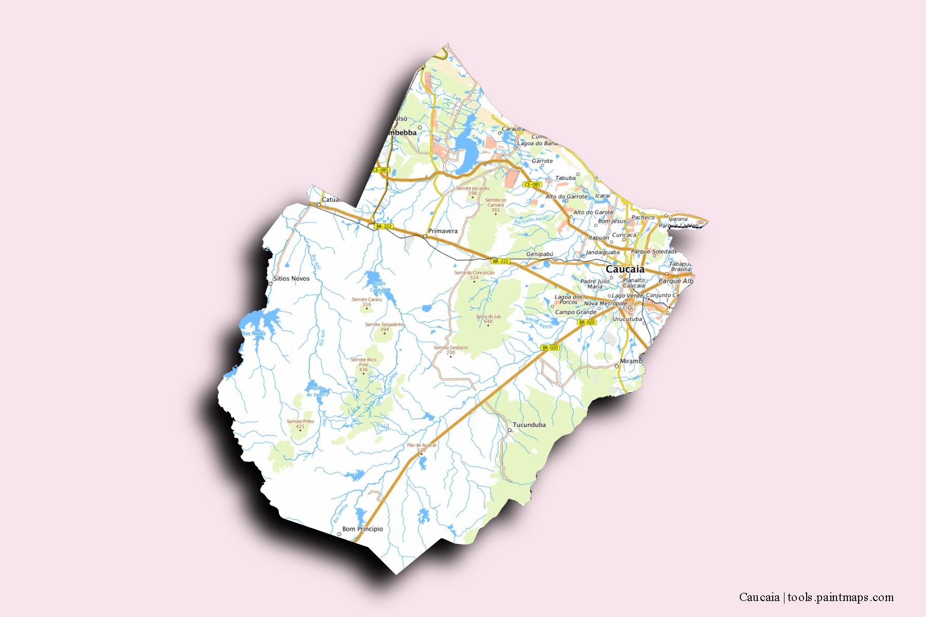 Mapa de barrios y pueblos de Caucaia con efecto de sombra 3D