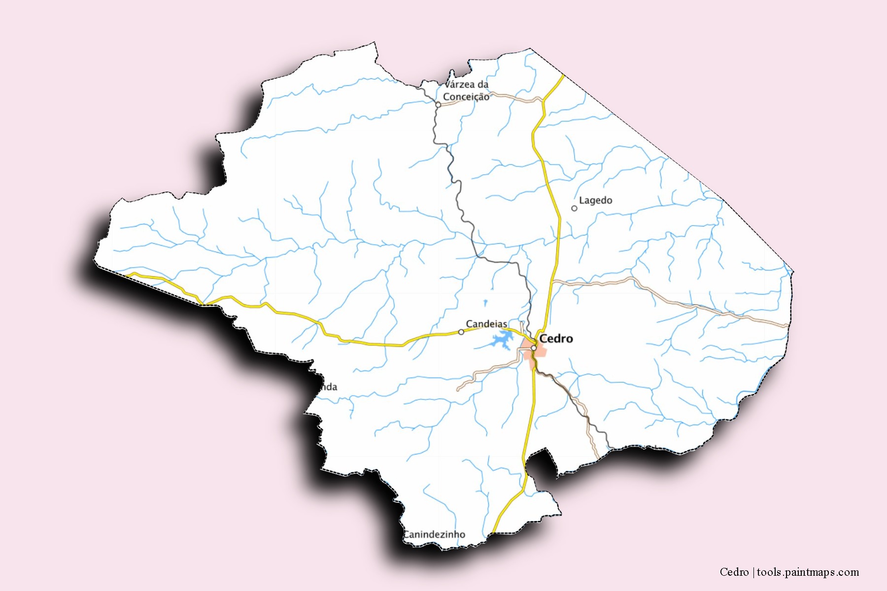 Mapa de barrios y pueblos de Cedro con efecto de sombra 3D