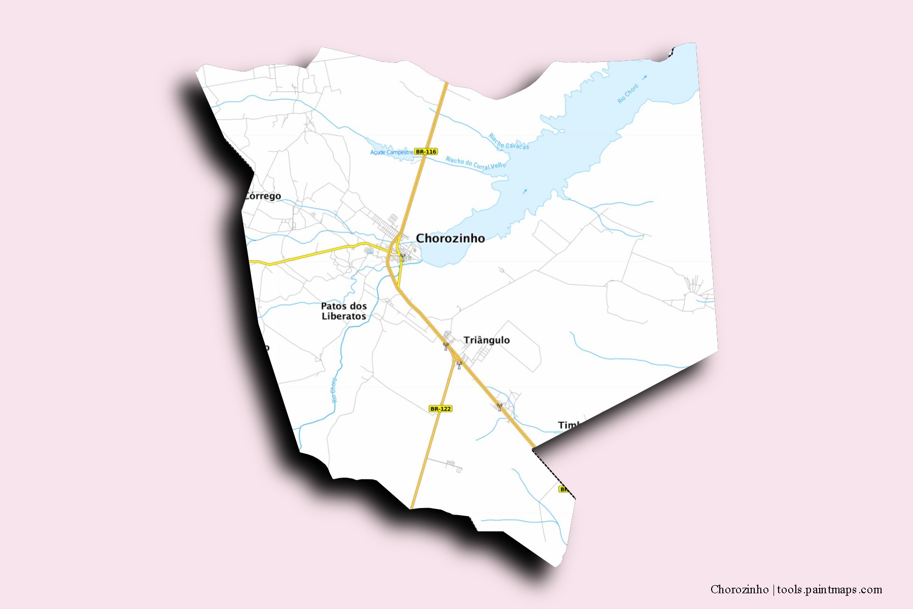 Mapa de barrios y pueblos de Chorozinho con efecto de sombra 3D