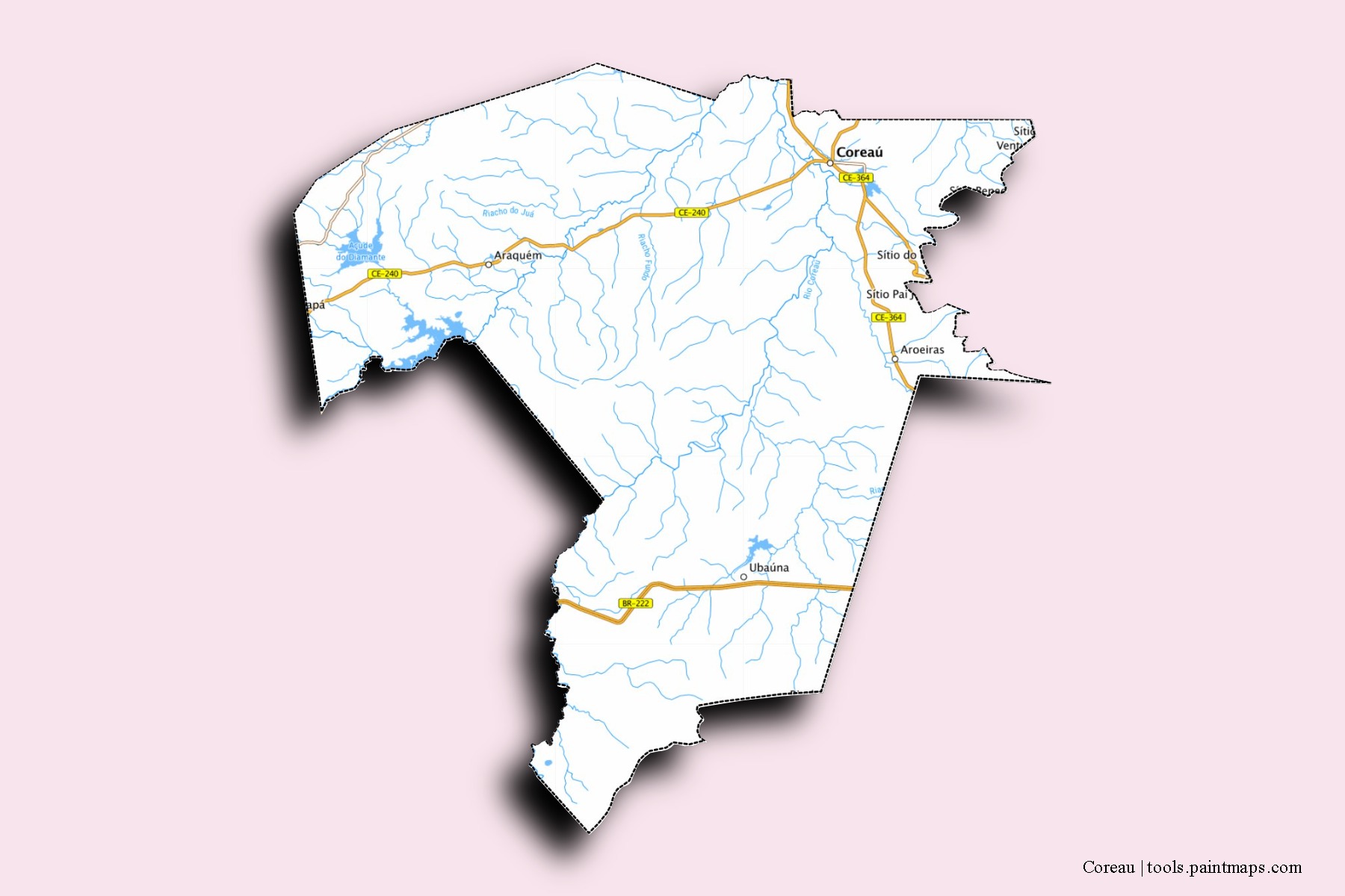 Mapa de barrios y pueblos de Coreau con efecto de sombra 3D