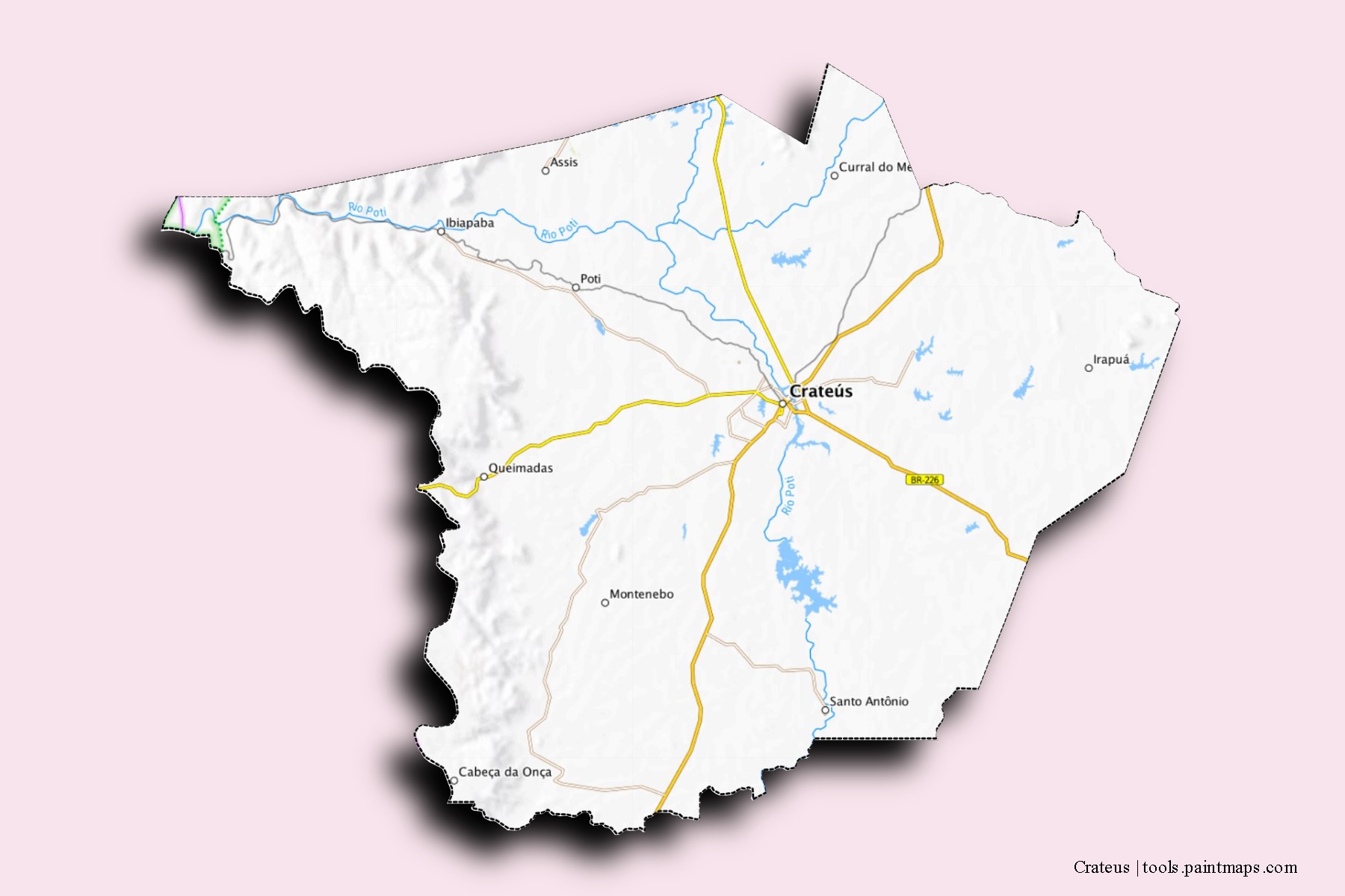 Mapa de barrios y pueblos de Crateus con efecto de sombra 3D