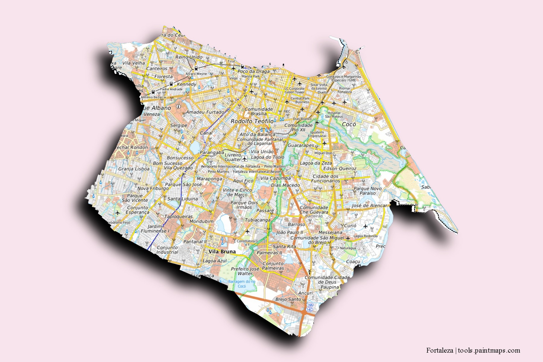 Mapa de barrios y pueblos de Fortaleza con efecto de sombra 3D