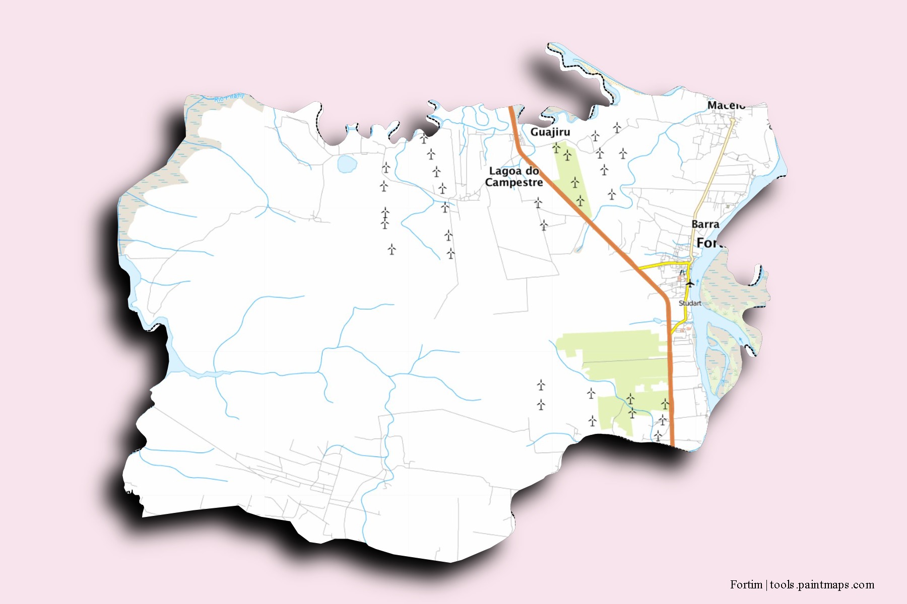 Mapa de barrios y pueblos de Fortim con efecto de sombra 3D