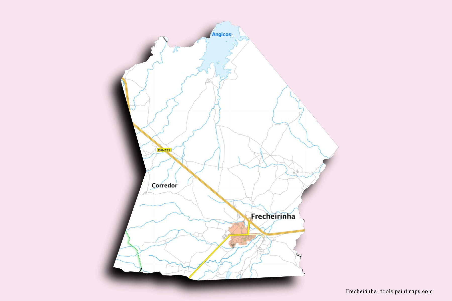 Mapa de barrios y pueblos de Frecheirinha con efecto de sombra 3D