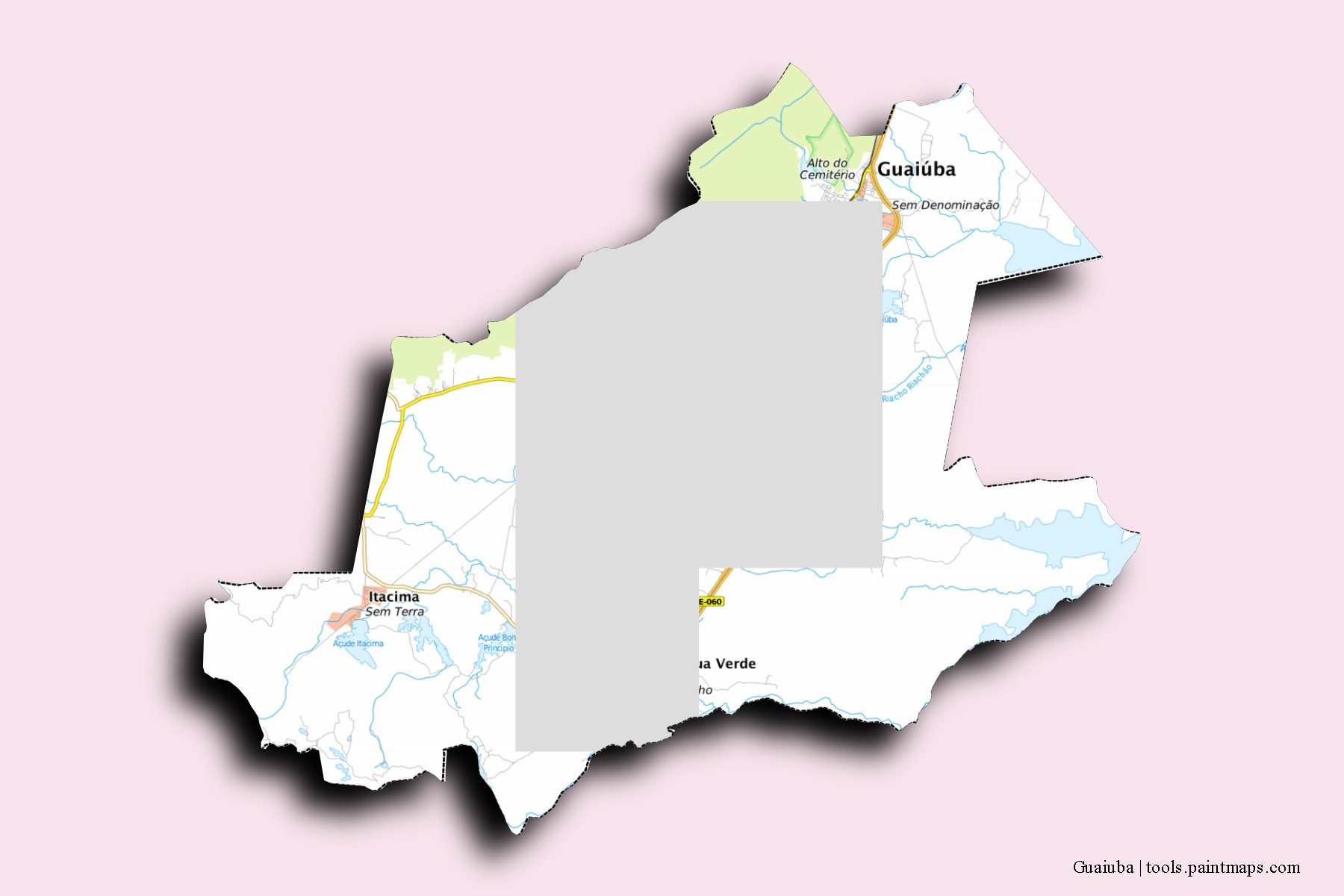 Mapa de barrios y pueblos de Guaiuba con efecto de sombra 3D