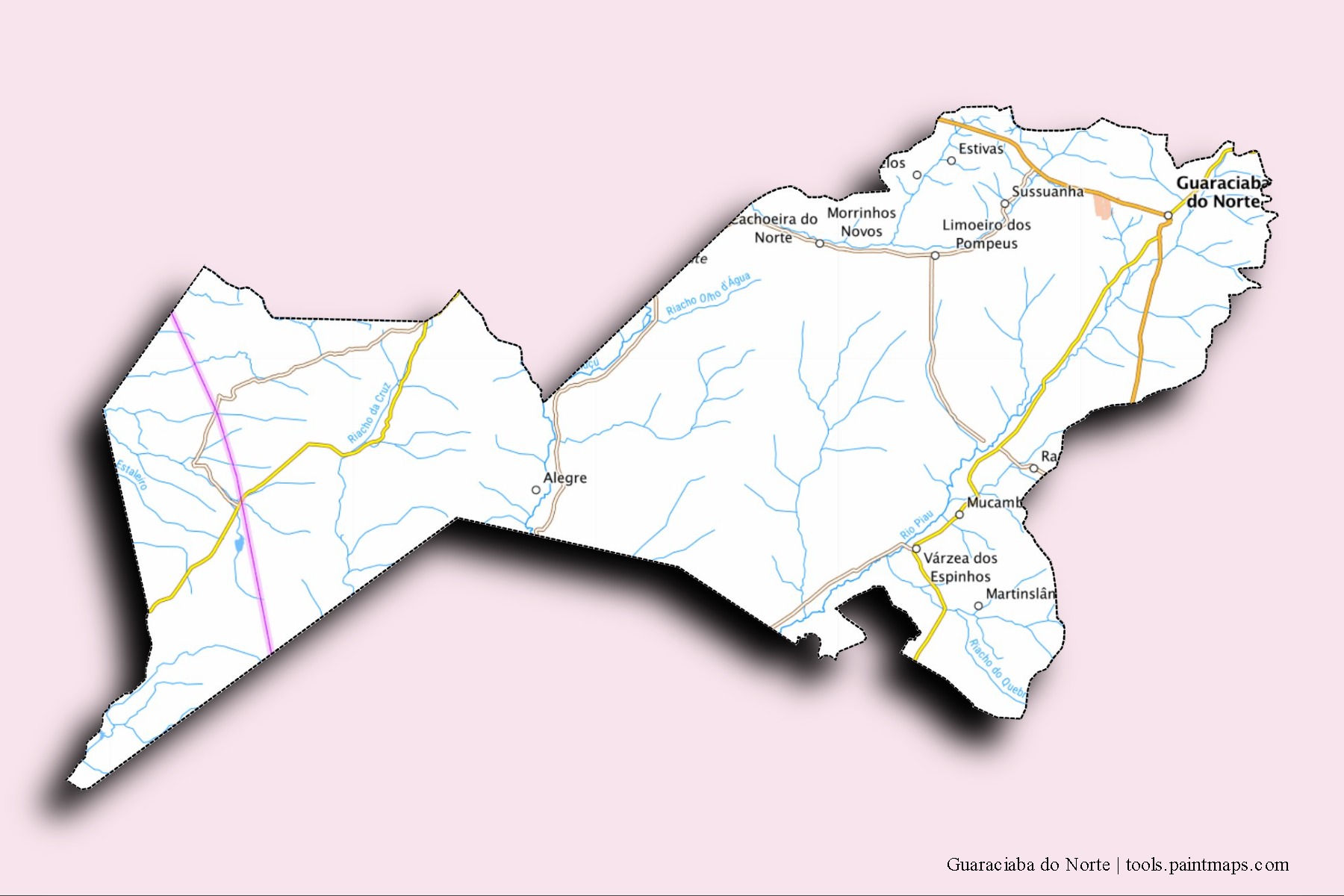 Guaraciaba do Norte neighborhoods and villages map with 3D shadow effect