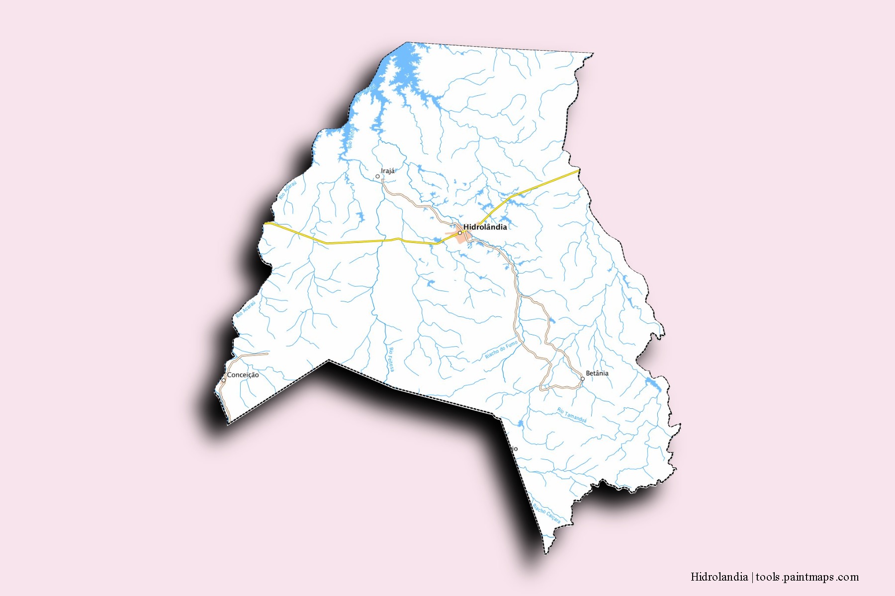 Mapa de barrios y pueblos de Hidrolandia con efecto de sombra 3D