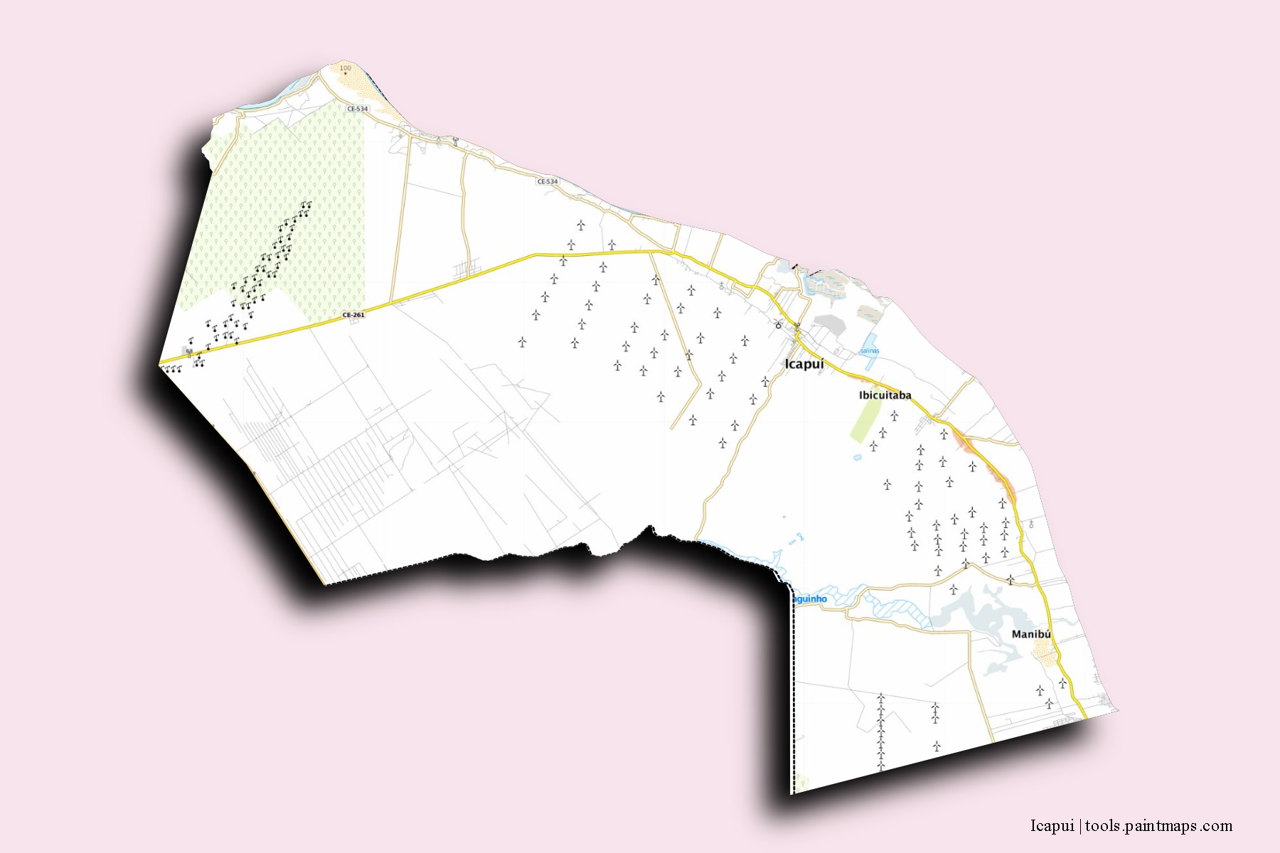 Icapui neighborhoods and villages map with 3D shadow effect