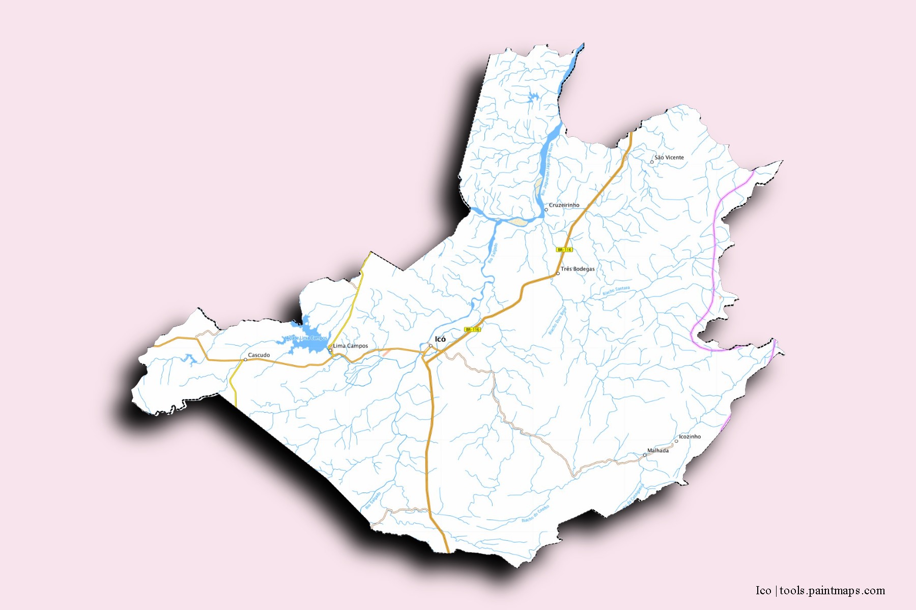 Mapa de barrios y pueblos de Ico con efecto de sombra 3D