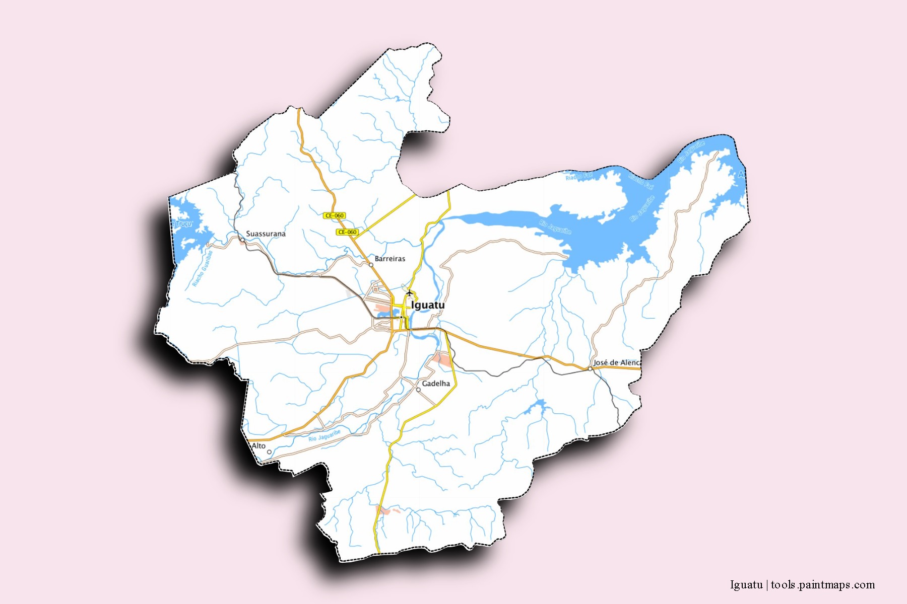 Mapa de barrios y pueblos de Iguatu con efecto de sombra 3D