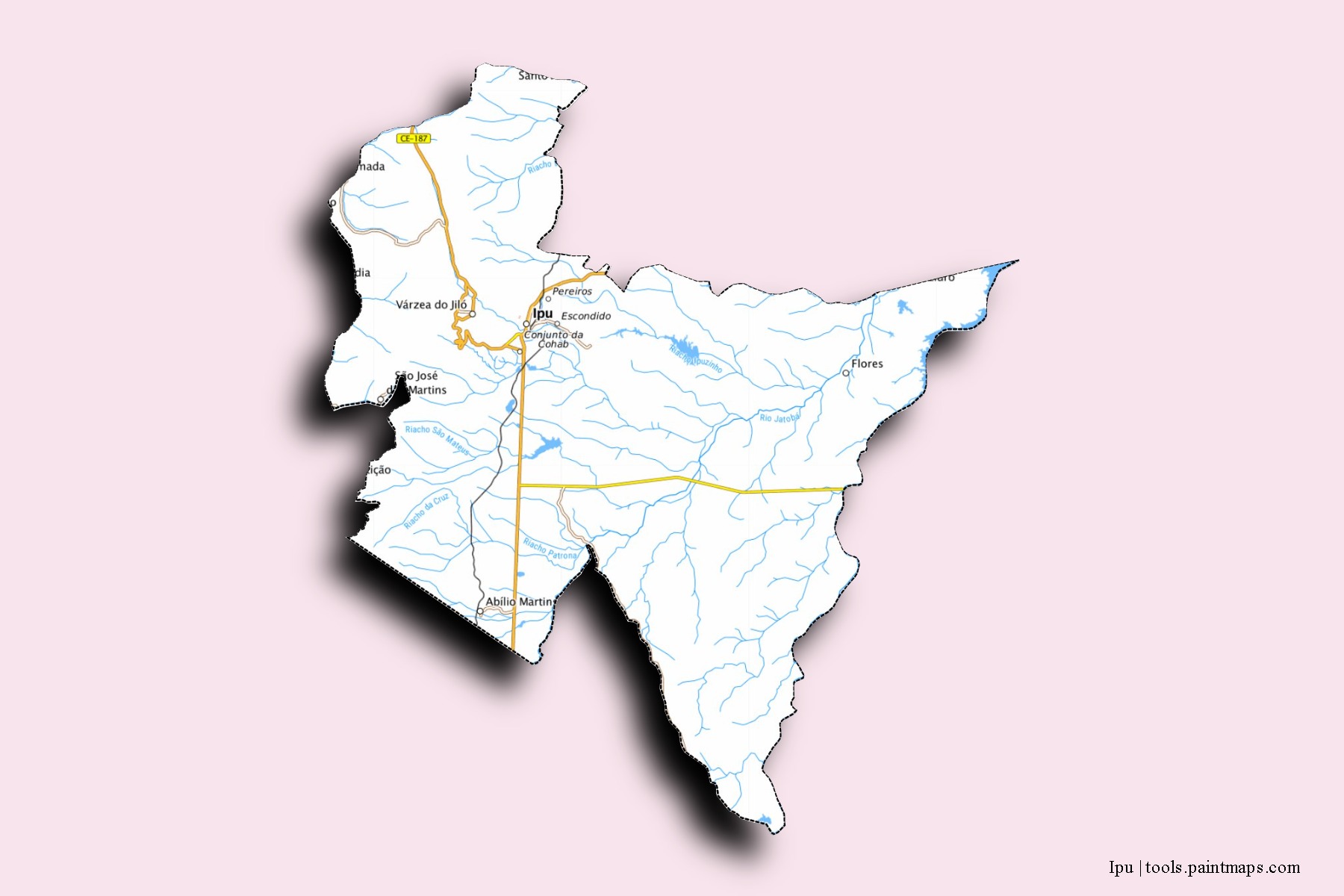 Mapa de barrios y pueblos de Ipu con efecto de sombra 3D