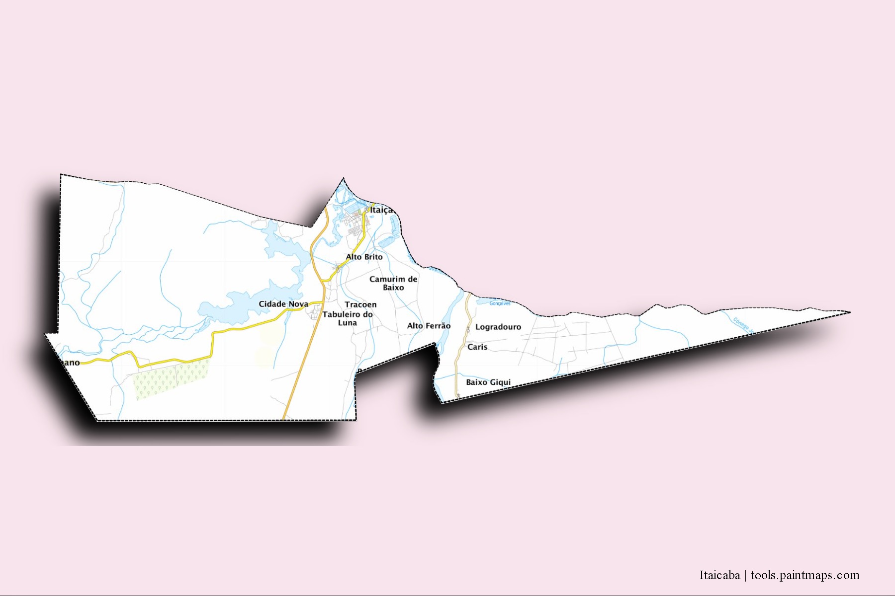 Mapa de barrios y pueblos de Itaicaba con efecto de sombra 3D